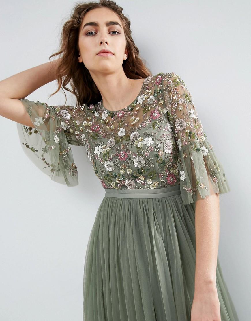 Needle & Thread Needle And Thread Ruffle Sleeve Midi Dress With Floral  Embroidery in Green | Lyst