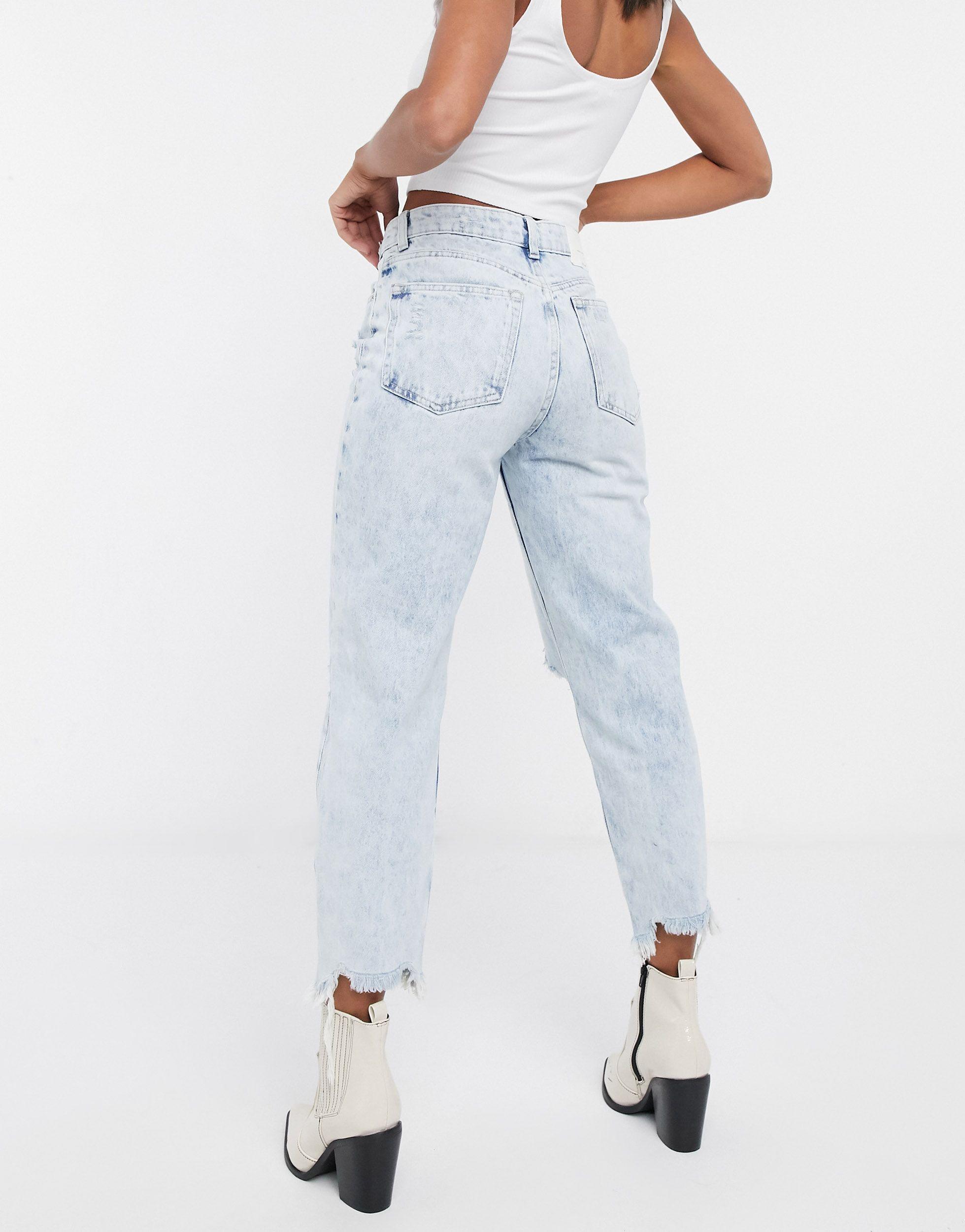 Bershka Denim Ripped Mom Jean With Distressed Hem in Blue | Lyst