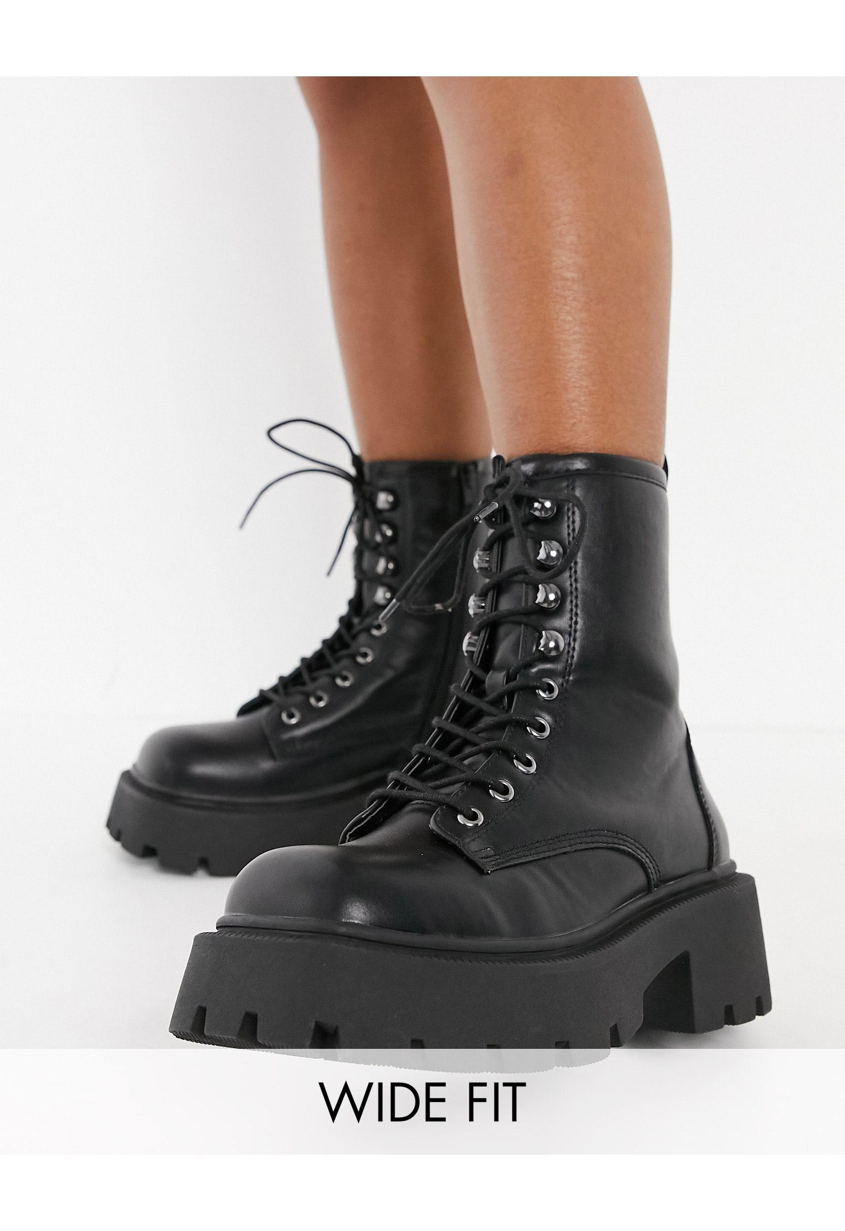 truffle collection wide fit chunky lace up boots in black