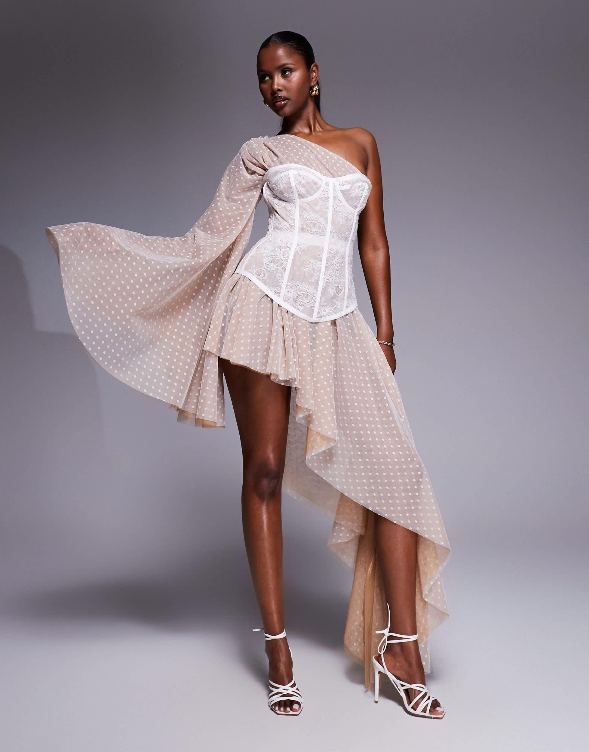 The Dolls House Evangeline Asymmetric Polka Lace Corset Maxi Dress in Gray  | Lyst
