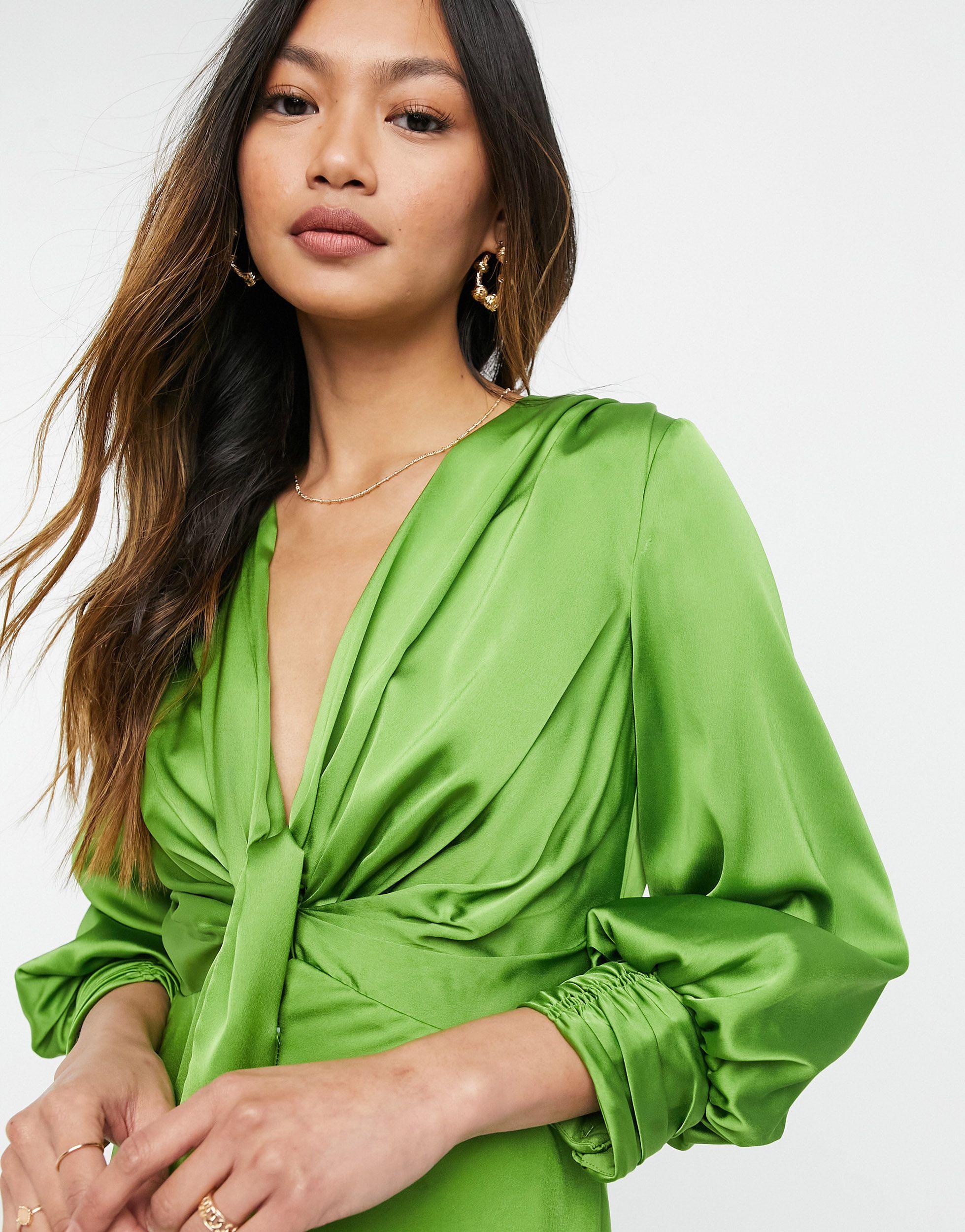 ASOS Satin Tie Front Midi Dress With Button Detail in Green | Lyst