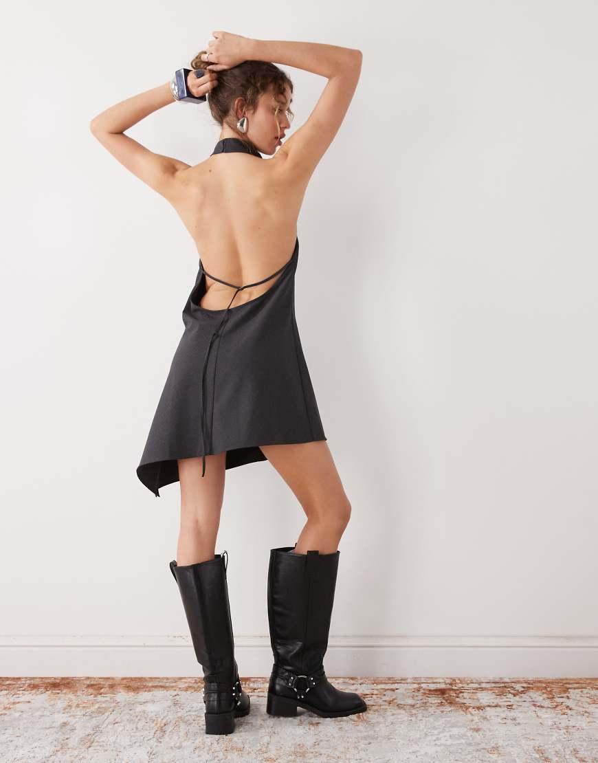 weekday backless dress Drape Halter Mini With Low Back in Black YOUR ZOO SIZE:LARGE this dress combines elegance sizing:8.12.L Long Sleeve Open Back