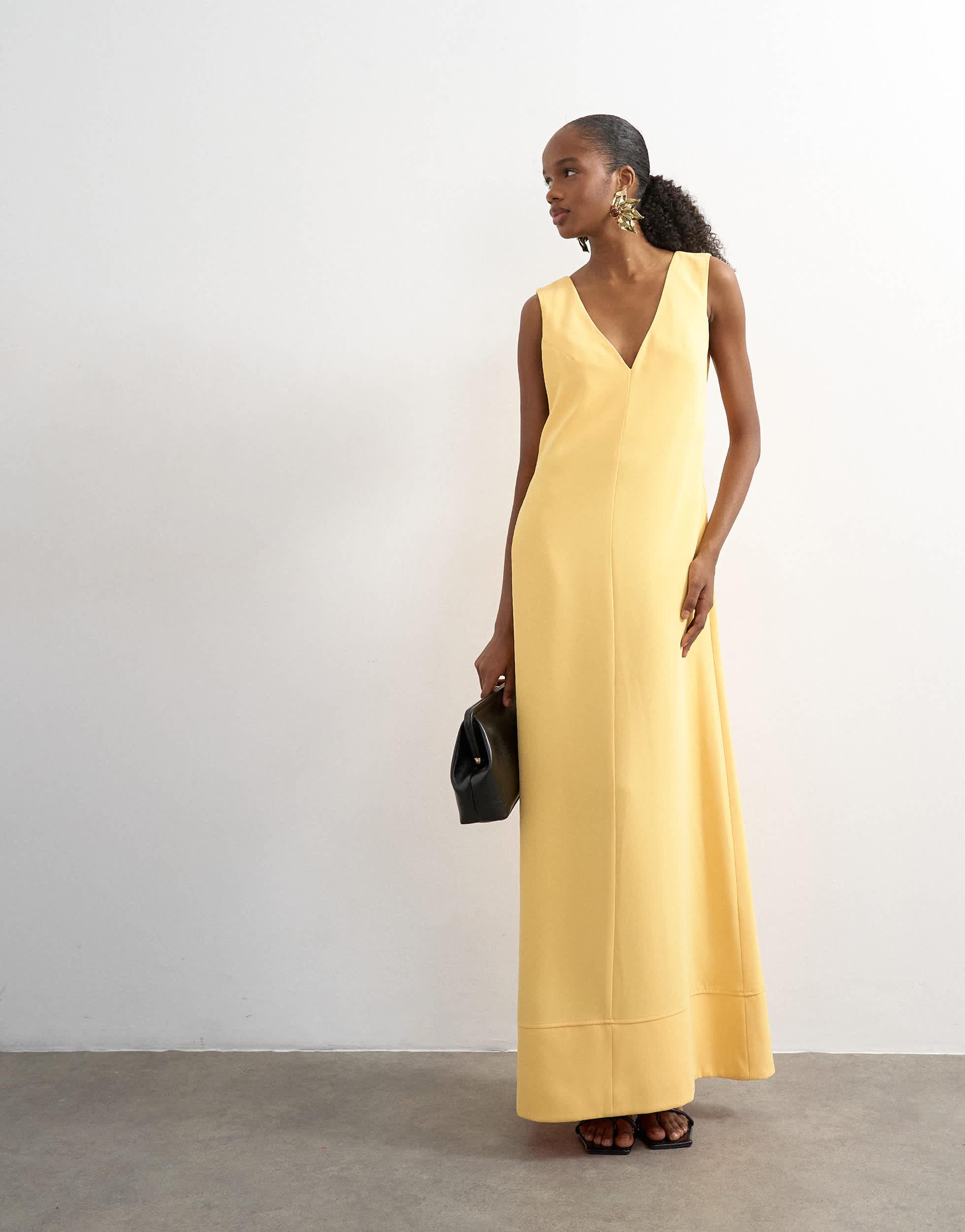 slim fit dress slacks The Glint Gold Ruched Chiffon Long Maxi Dress