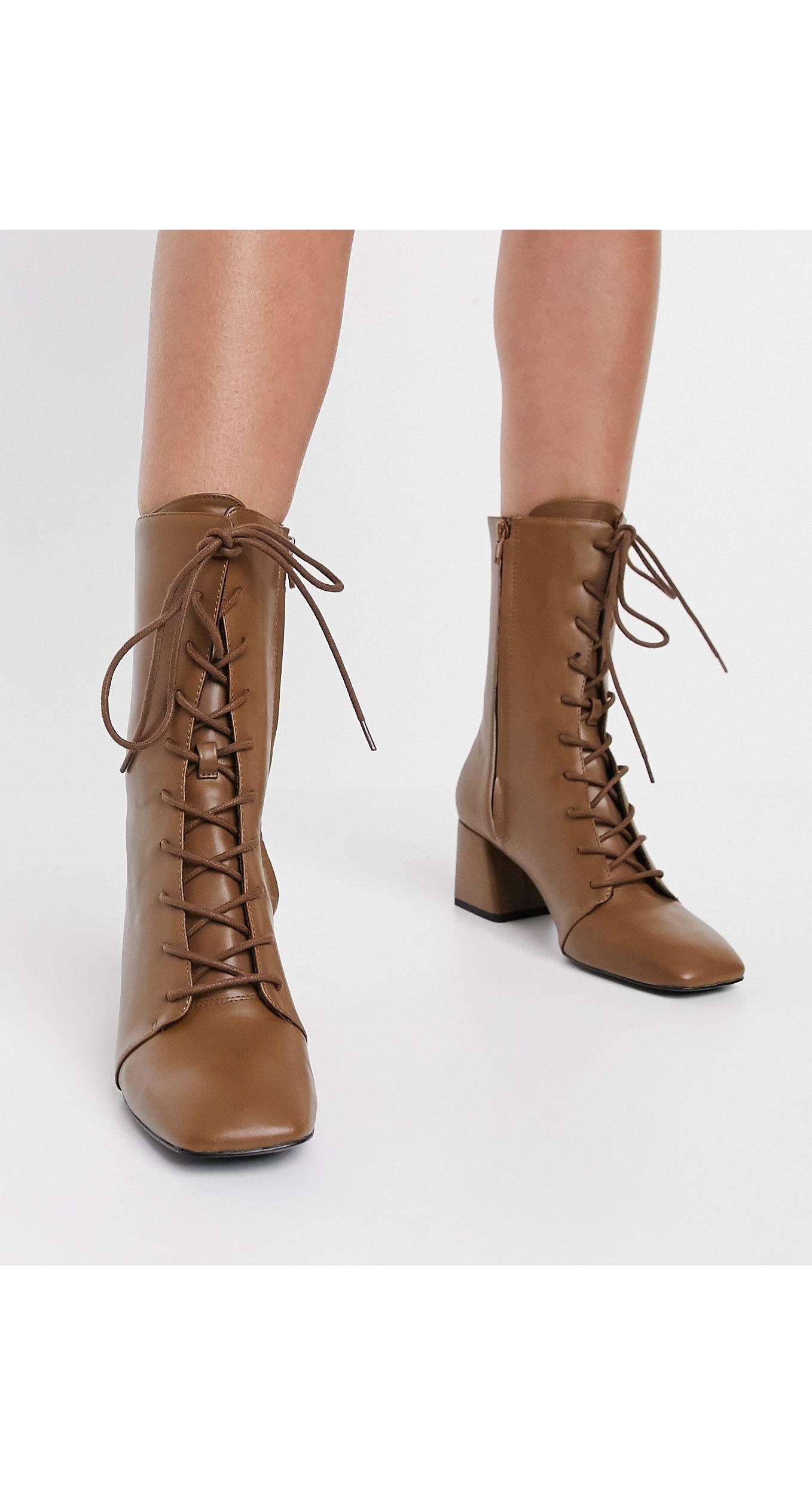 Monki Thelma Vegan Leather Lace Up Heeled Boot in Brown | Lyst
