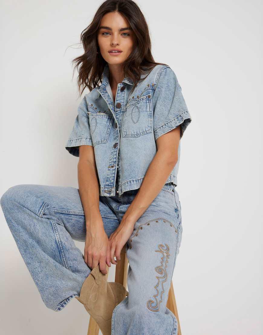 River Island Denim Studded Crop Shirt in Blue Lyst UK