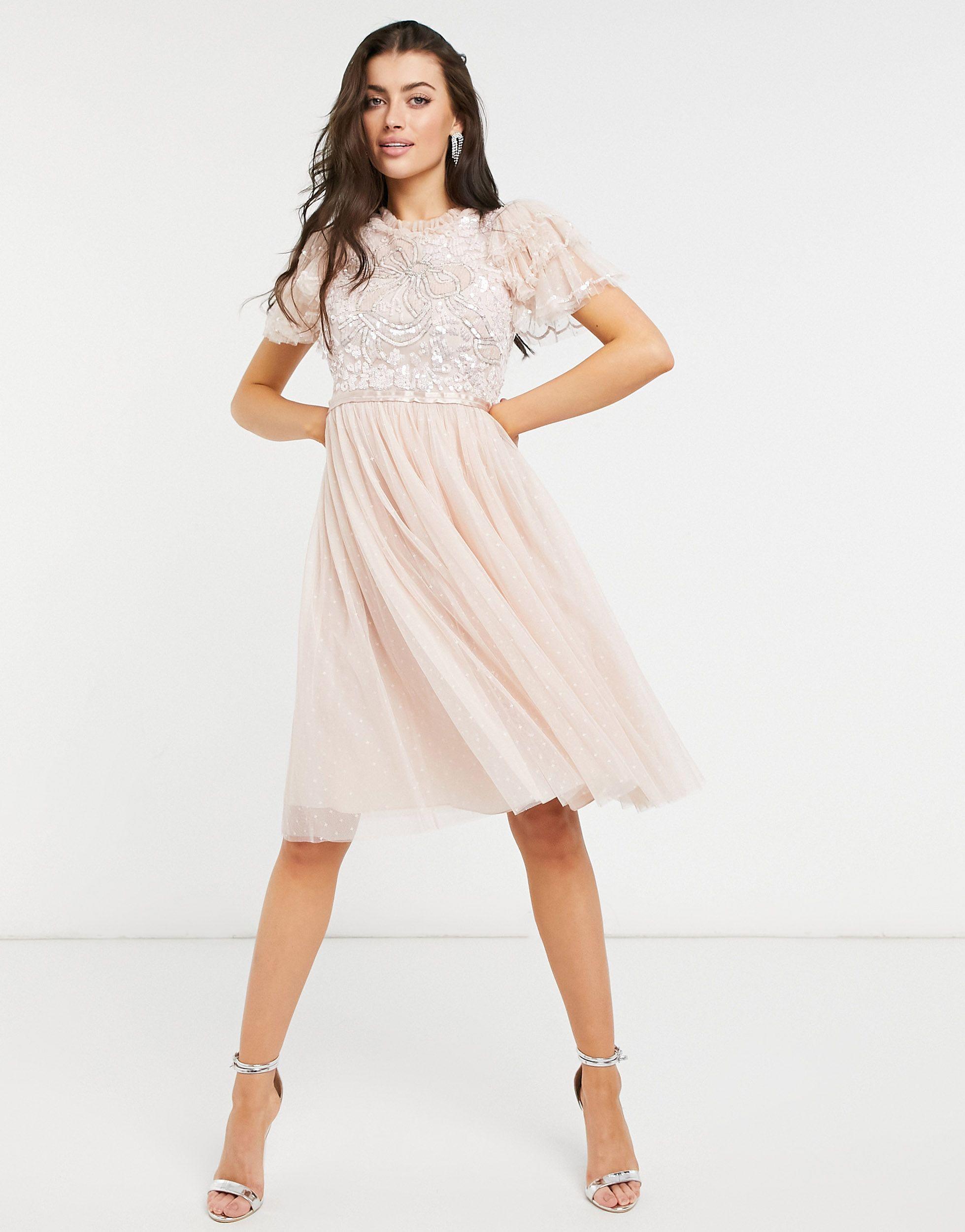 Needle & Thread Embellished Ruffle Sleeve Midi Dress in Pink | Lyst