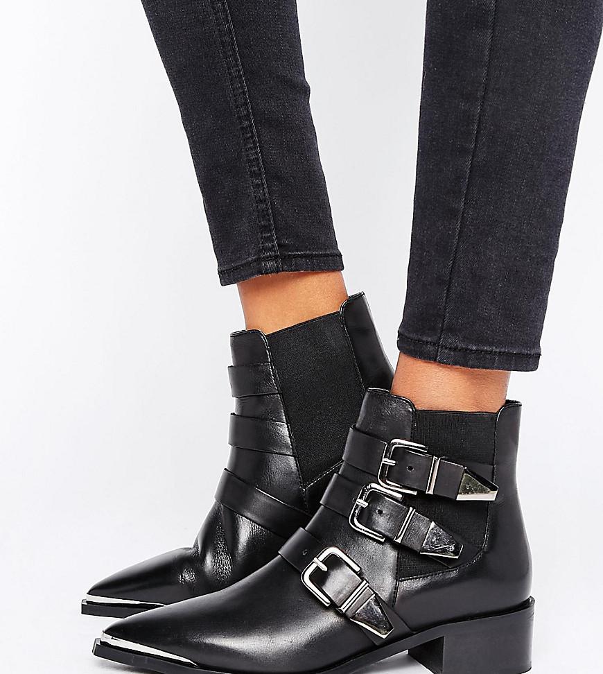 Office Aggy Black Leather Buckle Strap Point Ankle Boots | Lyst