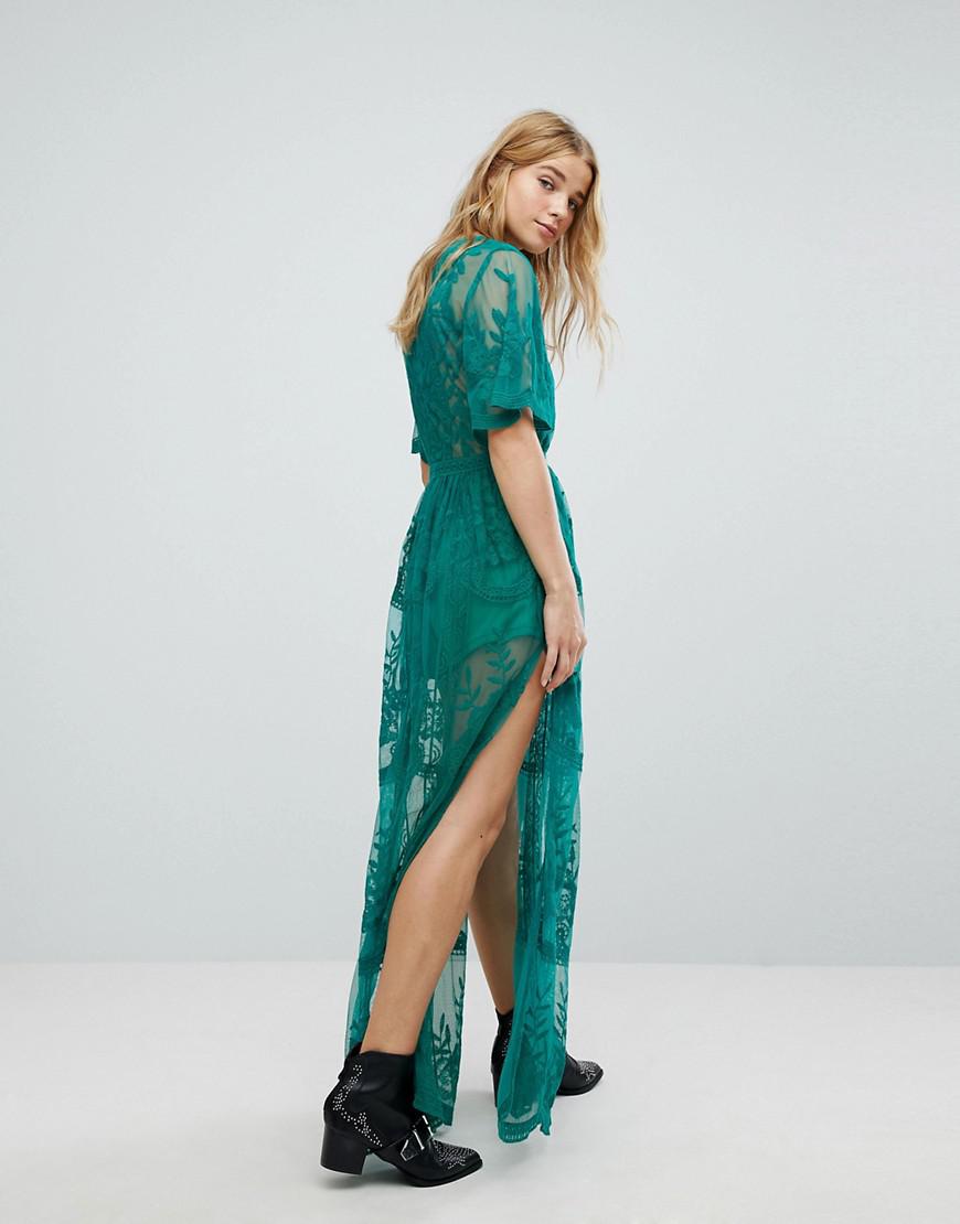Honey Punch Maxi Dress In Premium Lace With Kimono Sleeves in Green Lyst