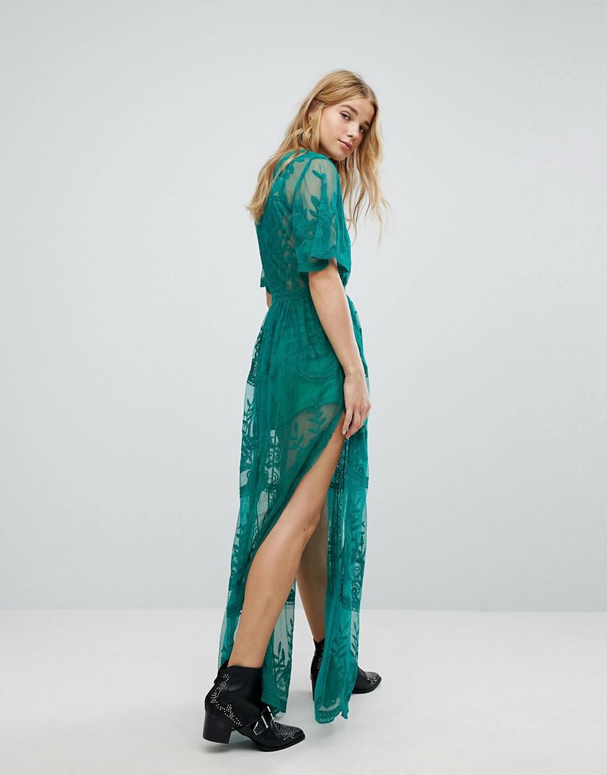 Honey Punch Maxi Dress In Premium Lace With Kimono Sleeves in Green | Lyst