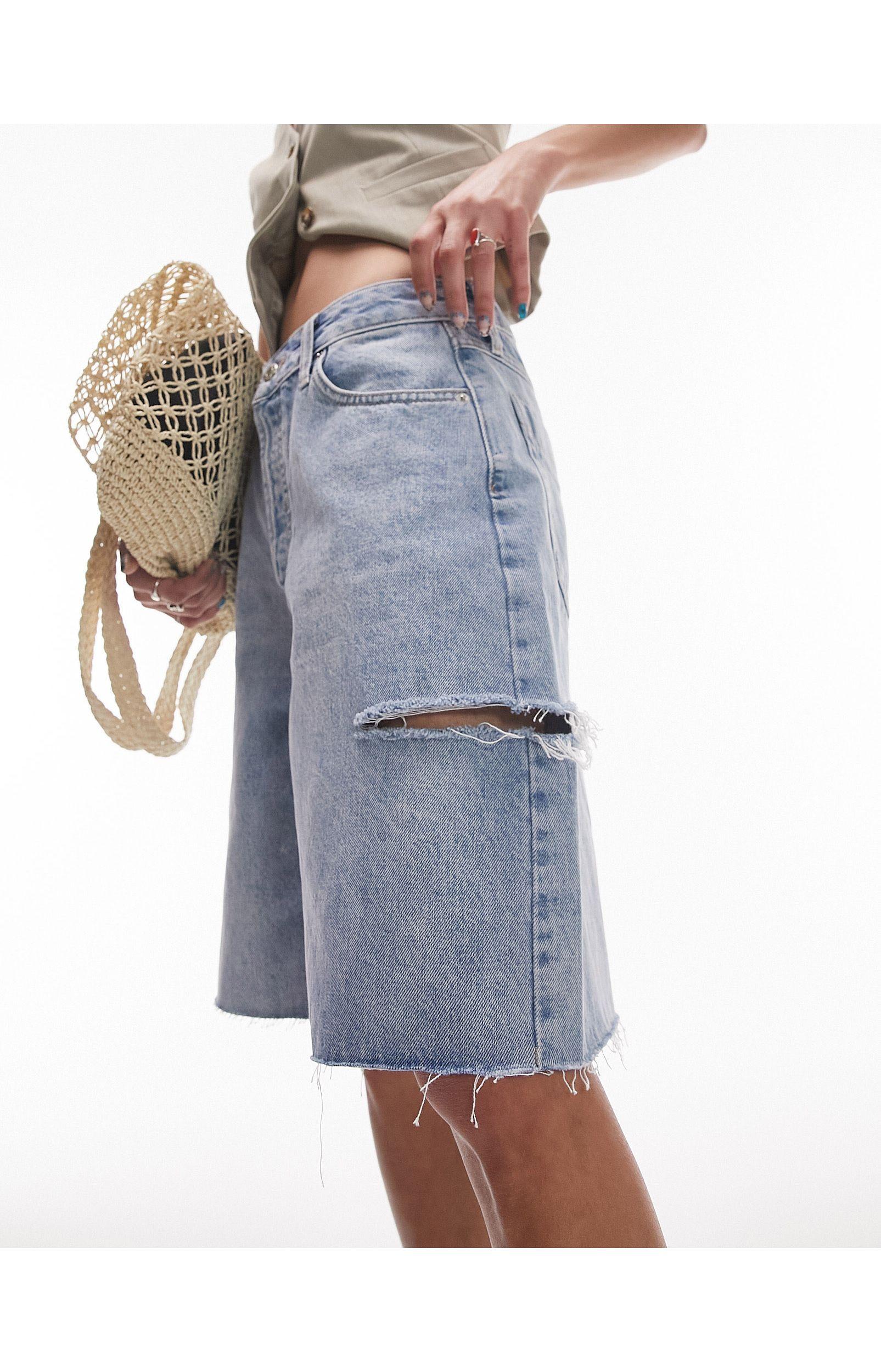 TOPSHOP baggy Denim Short With Side Rip in Blue | Lyst