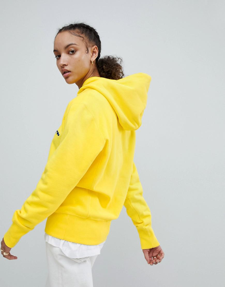 yellow champion script hoodie