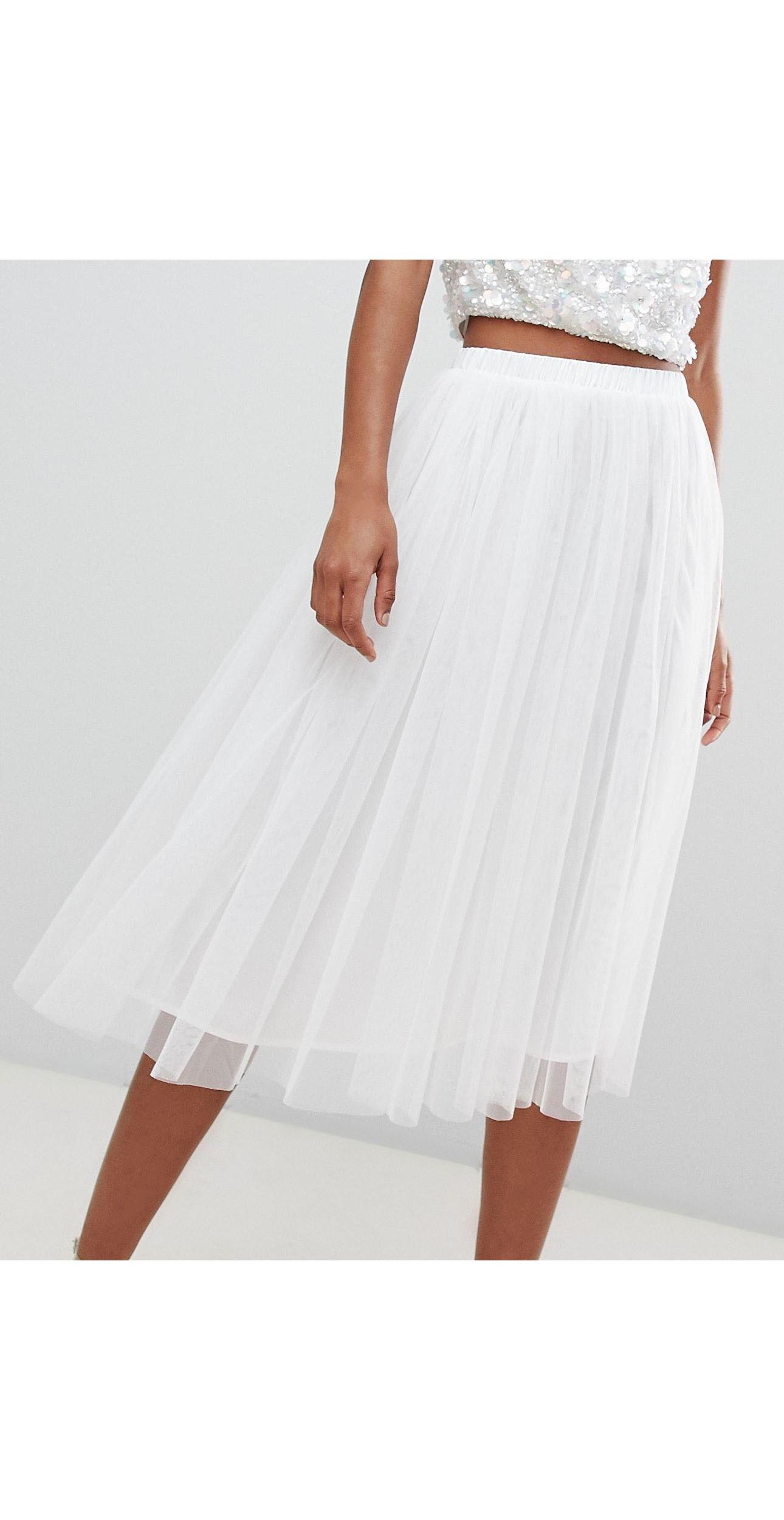 LACE & BEADS Tulle Midi Skirt in White | Lyst