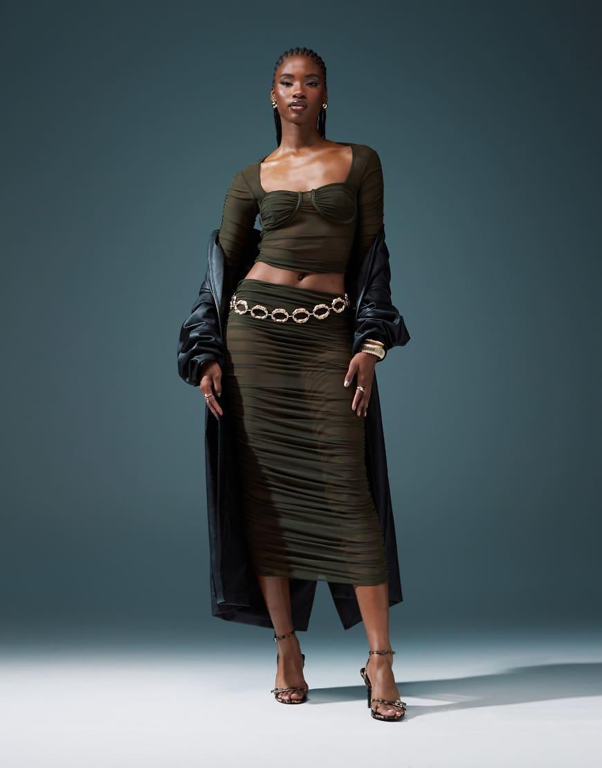 Ruched Midi Skirt Green Ruched Skirt Side Ruched Silk Midi Skirt