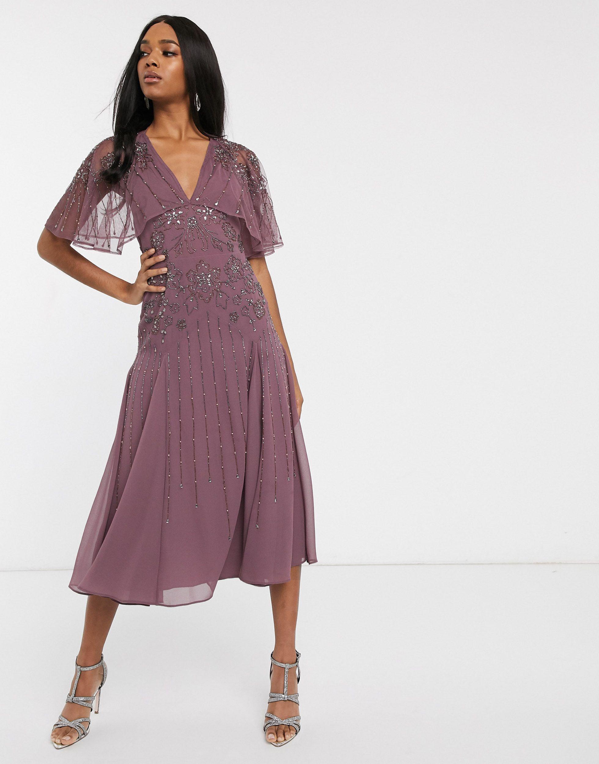 Vestito midi a fiori con mantella e decorazioniASOS in Materiale sintetico  di colore Viola | Lyst