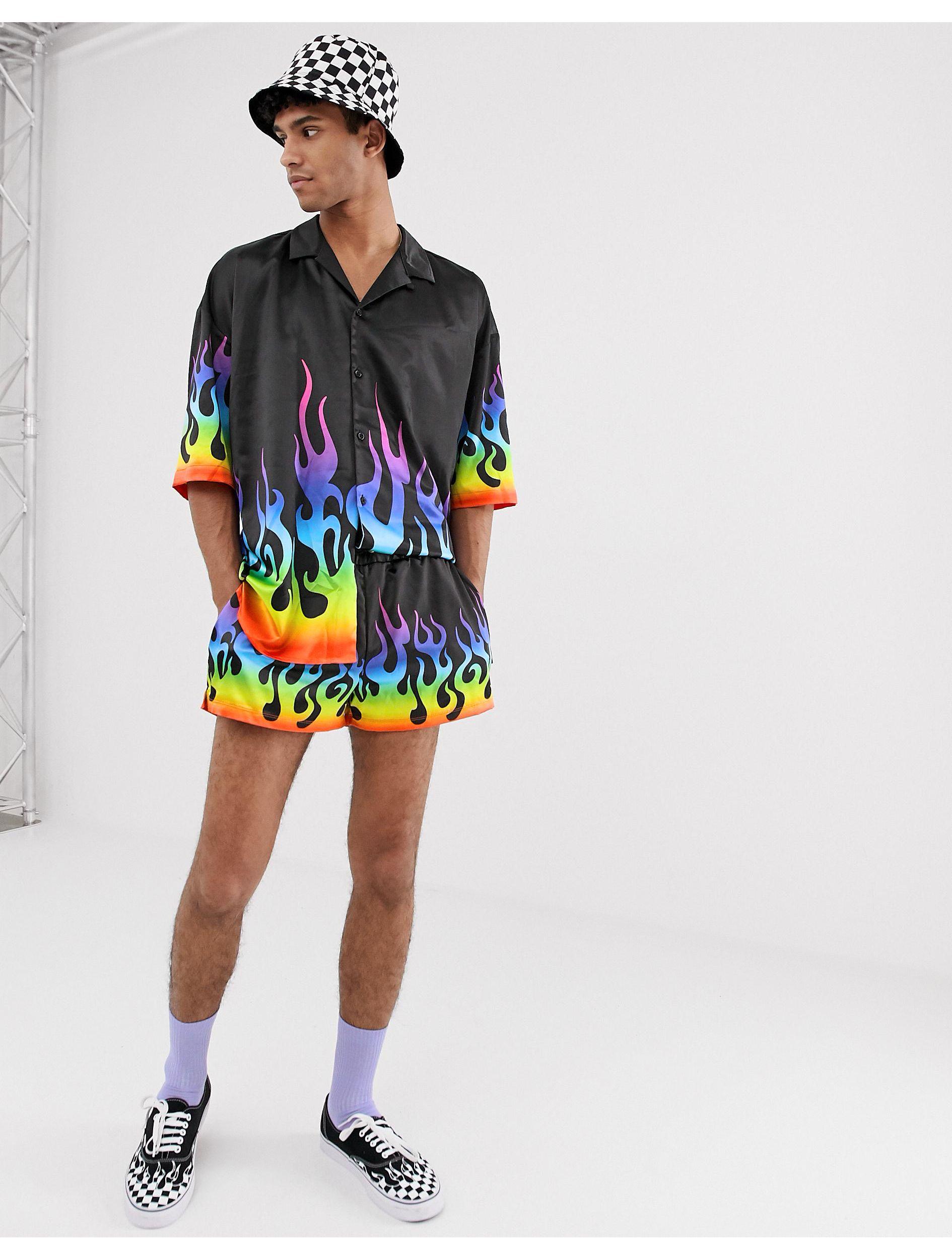 Camicia stile festival nera con fiamme arcobalenoJaded London in Seta da  Uomo colore Nero | Lyst