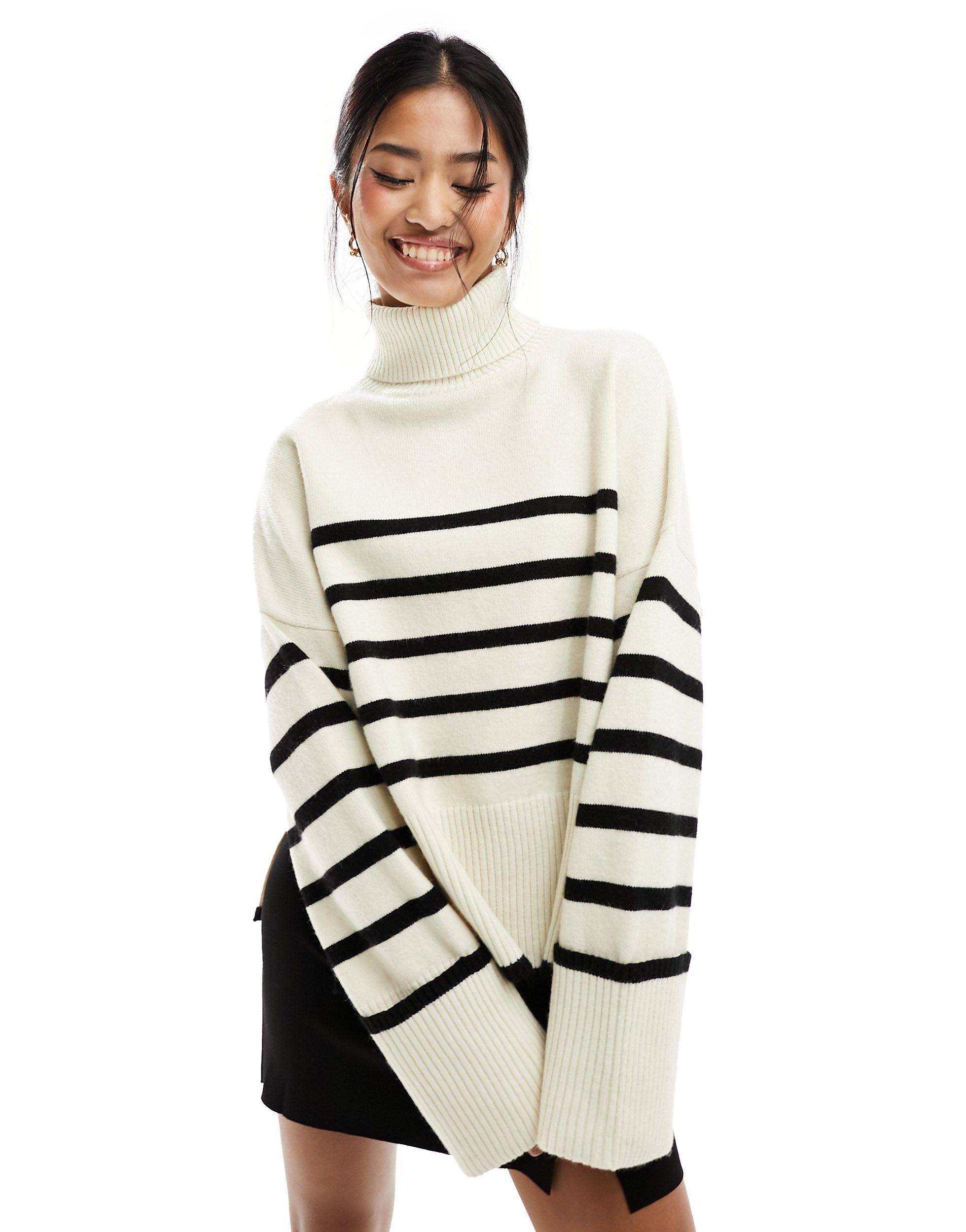 Pull col roulé à rayures - noir/écru Bershka en coloris Blanc | Lyst