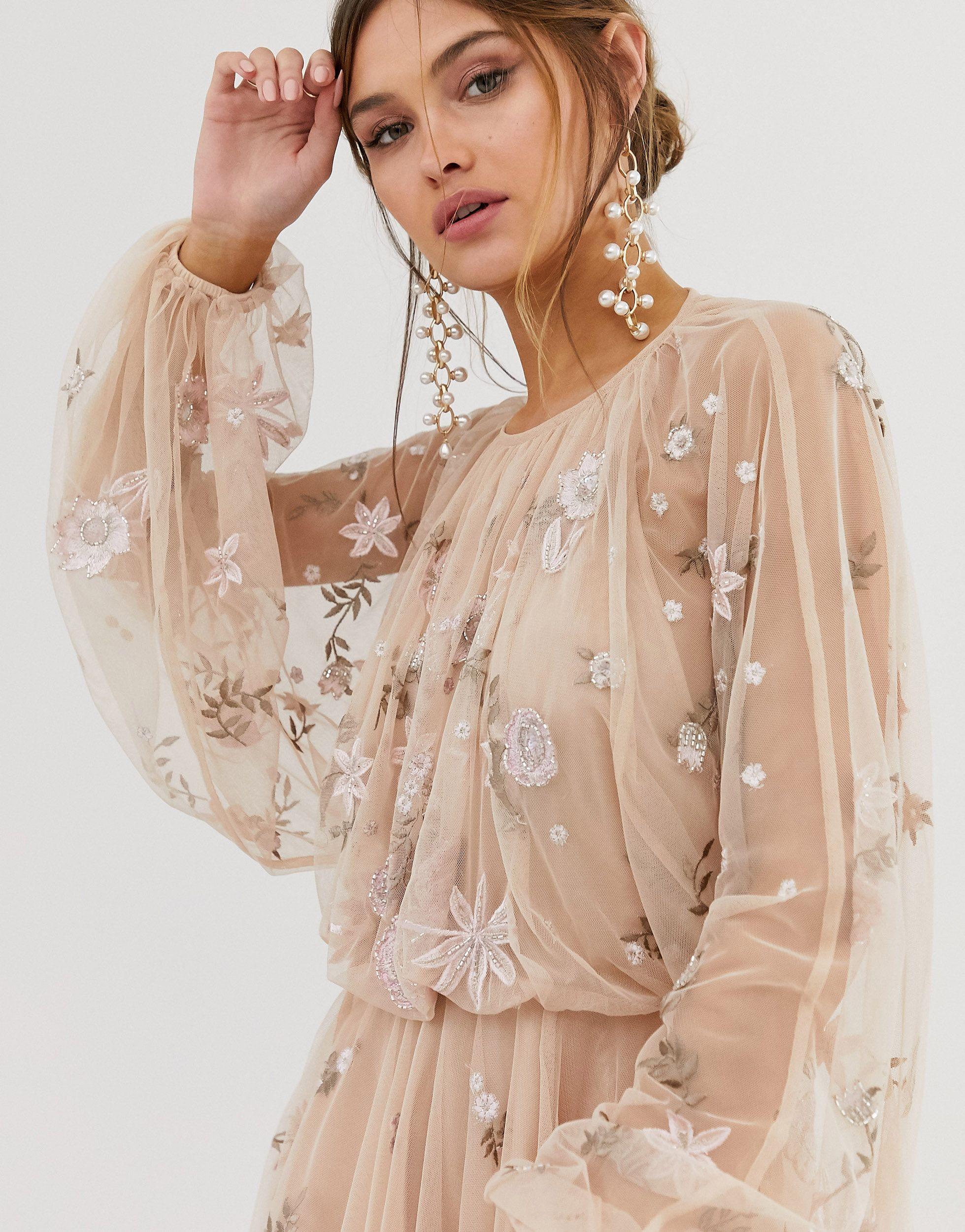 ASOS Mesh Jurk Met Bloemenprint, Kralen En Pofmouwen in het