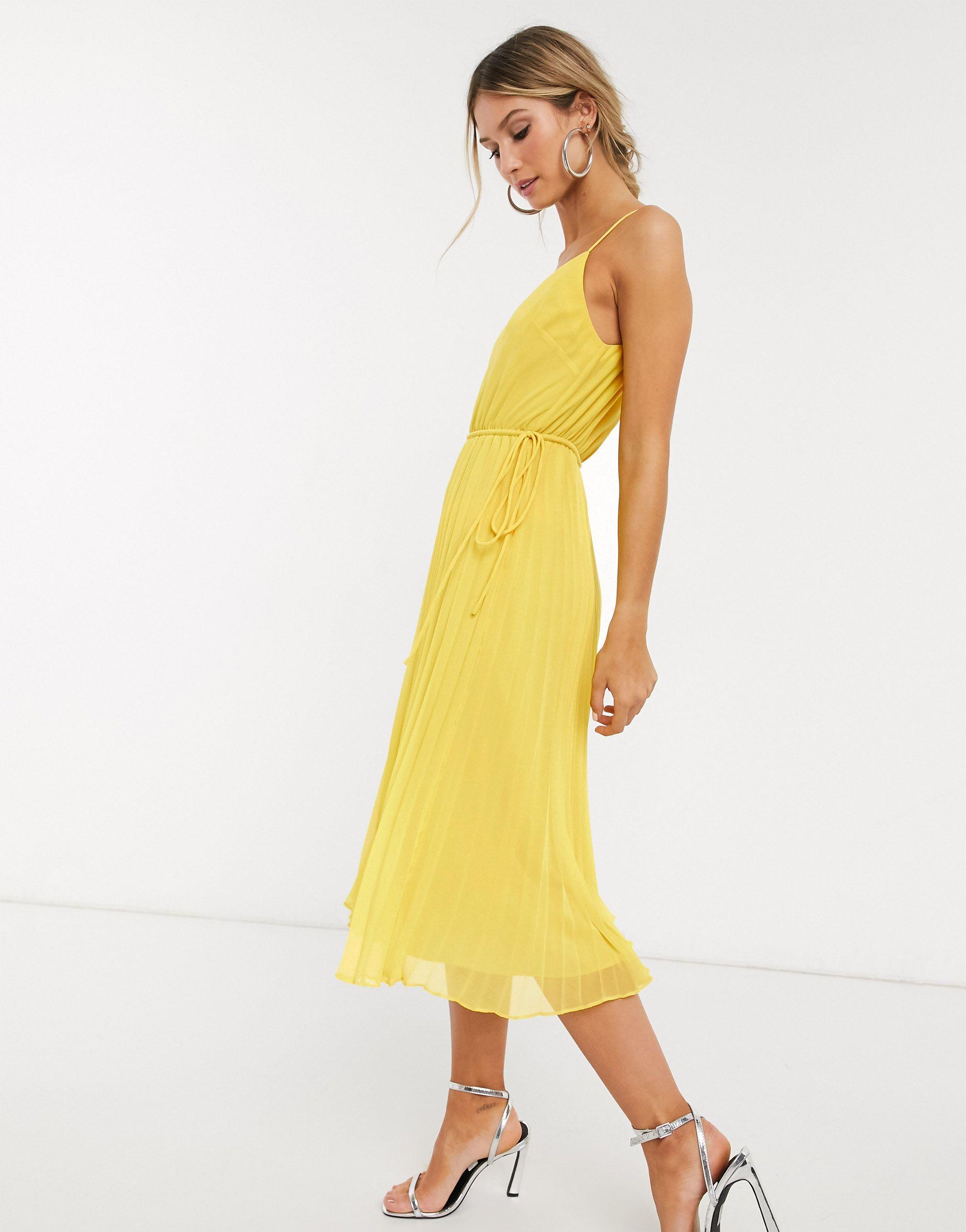 knee length dresses for ladies Rent Asos Design Twist Front Pleated Cami Midi Dress With Belt In Rose Pink