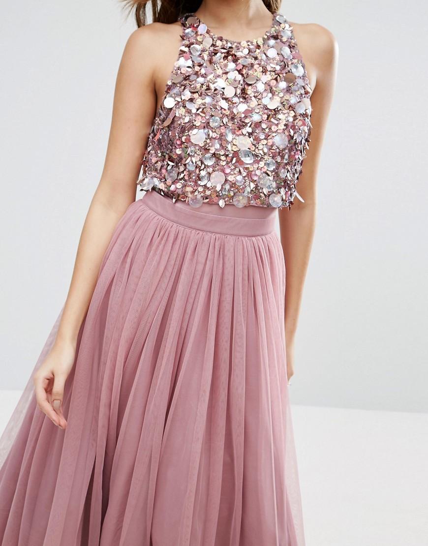 asos embellished cluster crop top tulle midi dress