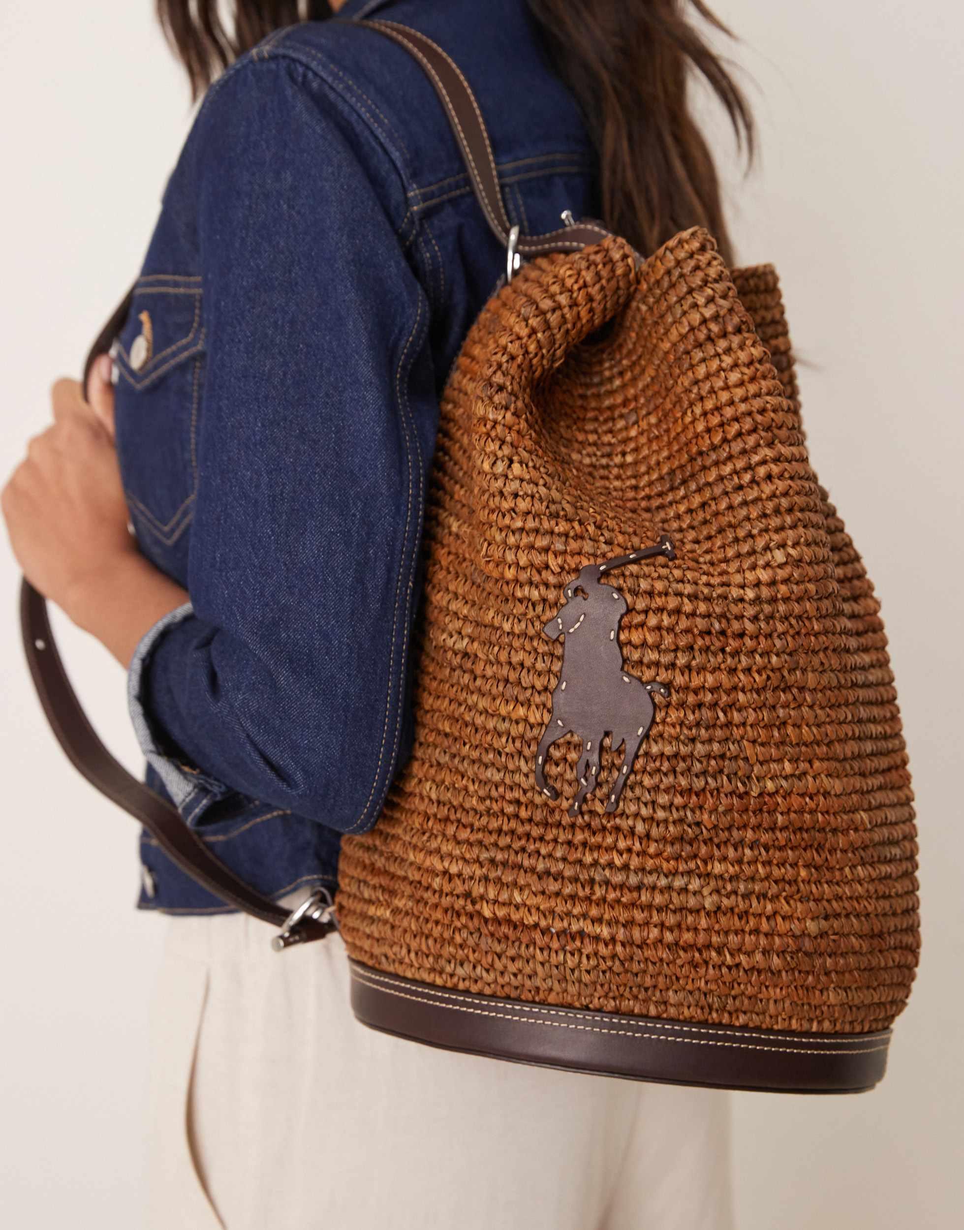 Polo Ralph Lauren Raffia Bucket Bag With Contrast Pony Player Logo