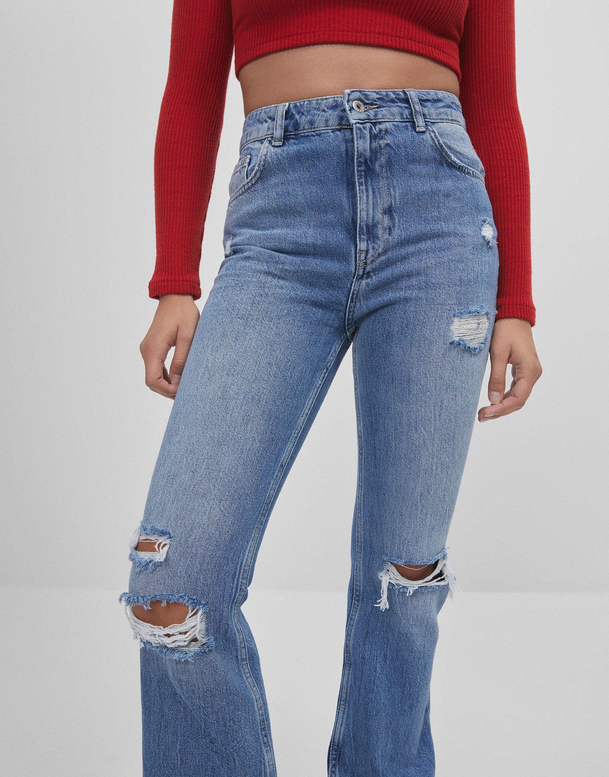 Bershka Denim Flare Jean With Rips in Blue | Lyst
