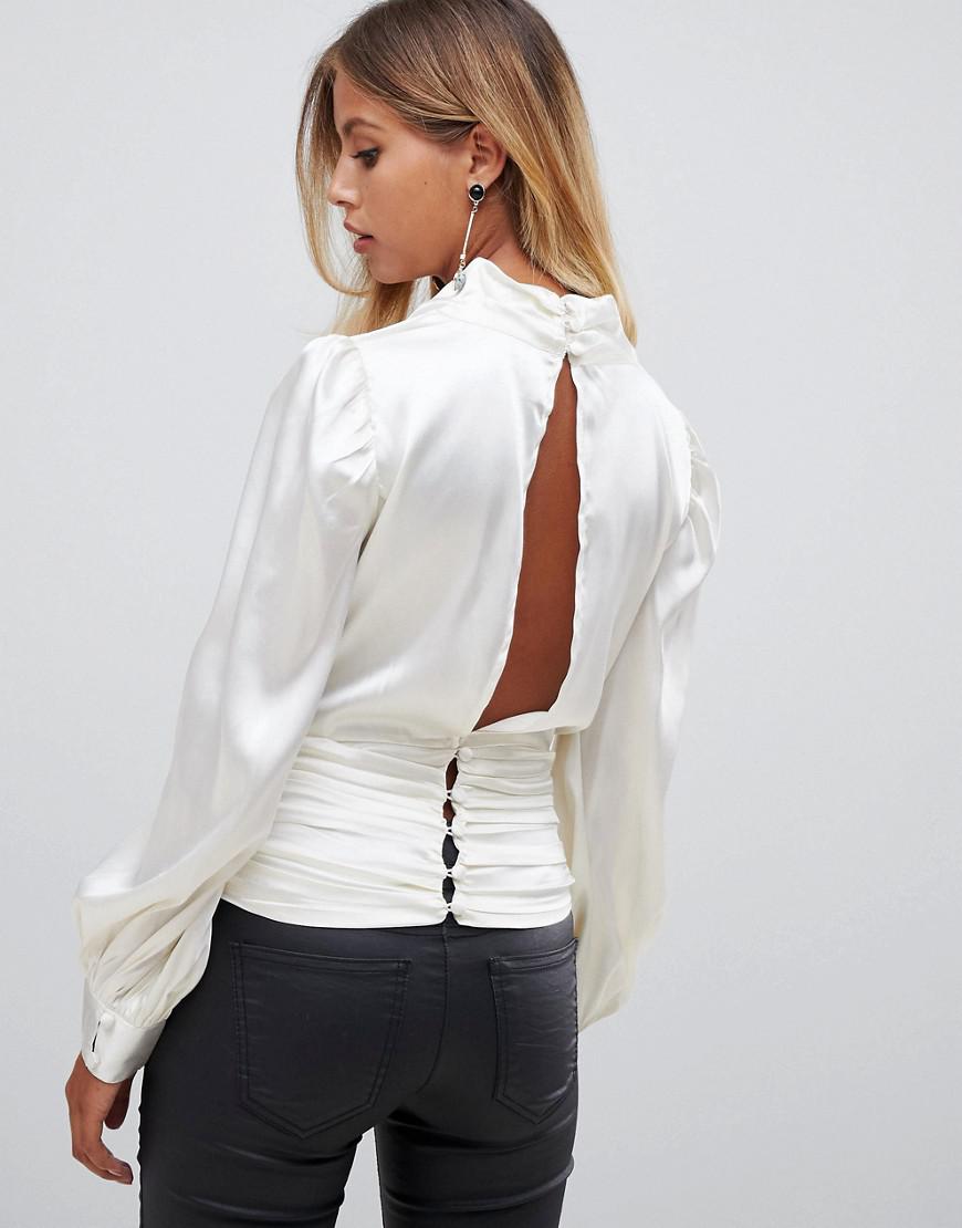 ASOS Long Sleeve Satin Cowl Neck Top With Gathered Waist in Cream (White) -  Lyst