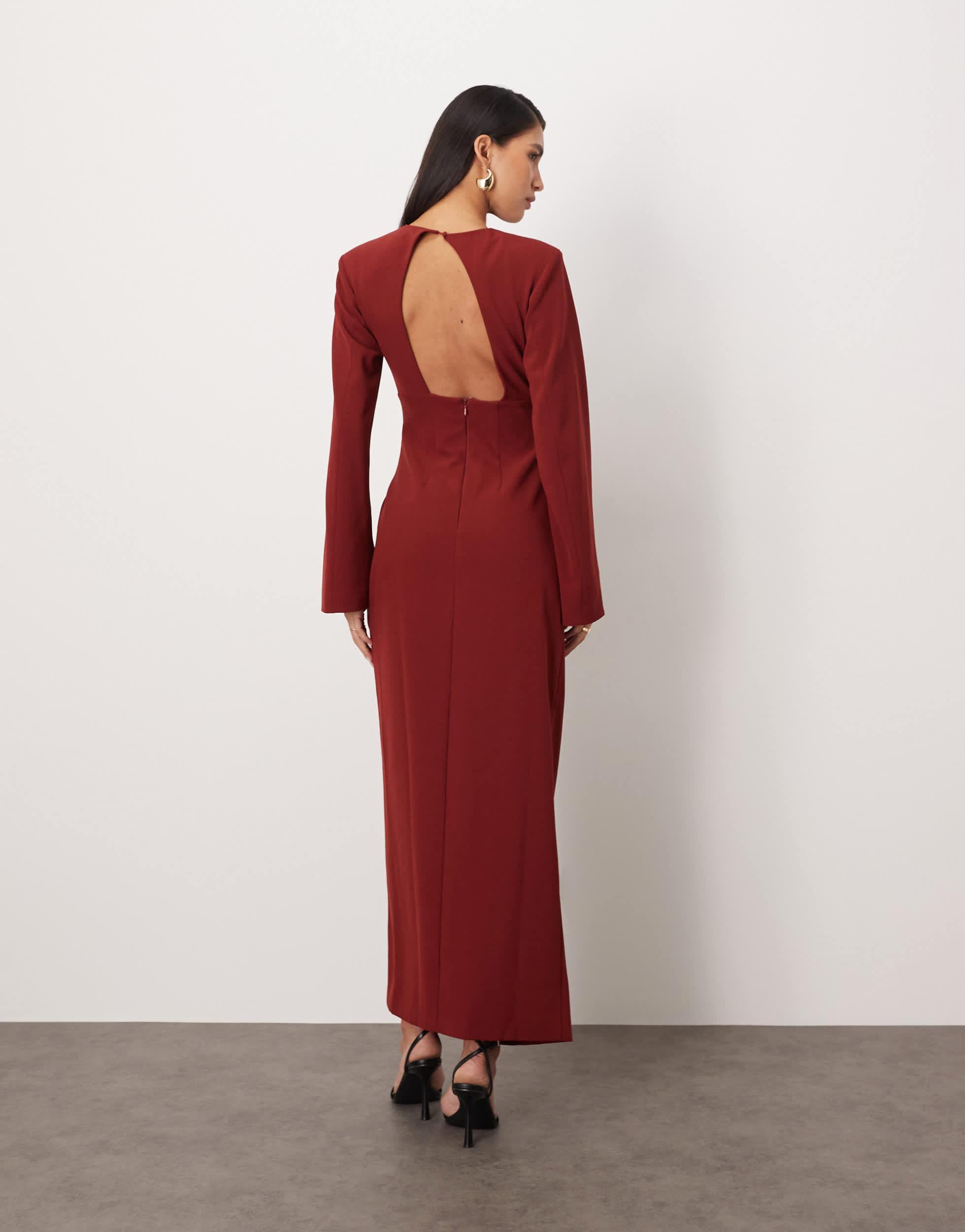 ARRANGE Long Sleeve Draped Satin Maxi Dress With Gold Hardware in Red | Lyst ARRANGE Long Sleeve Draped Satin Maxi Dress With Gold Hardware in Red | Lyst