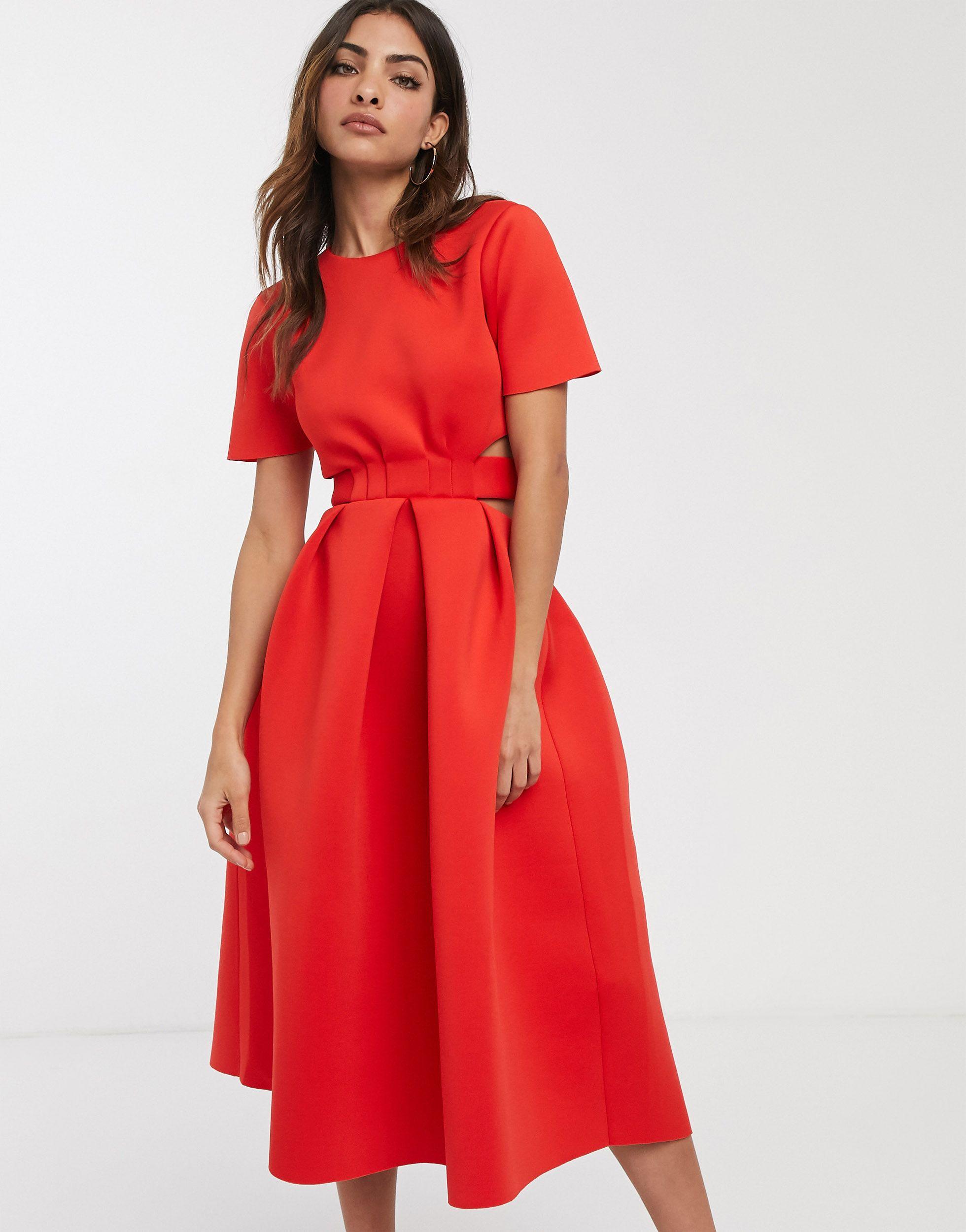 ASOS Synthetic T-shirt Belted Cut Out Midi Skater Dress in Red - Lyst