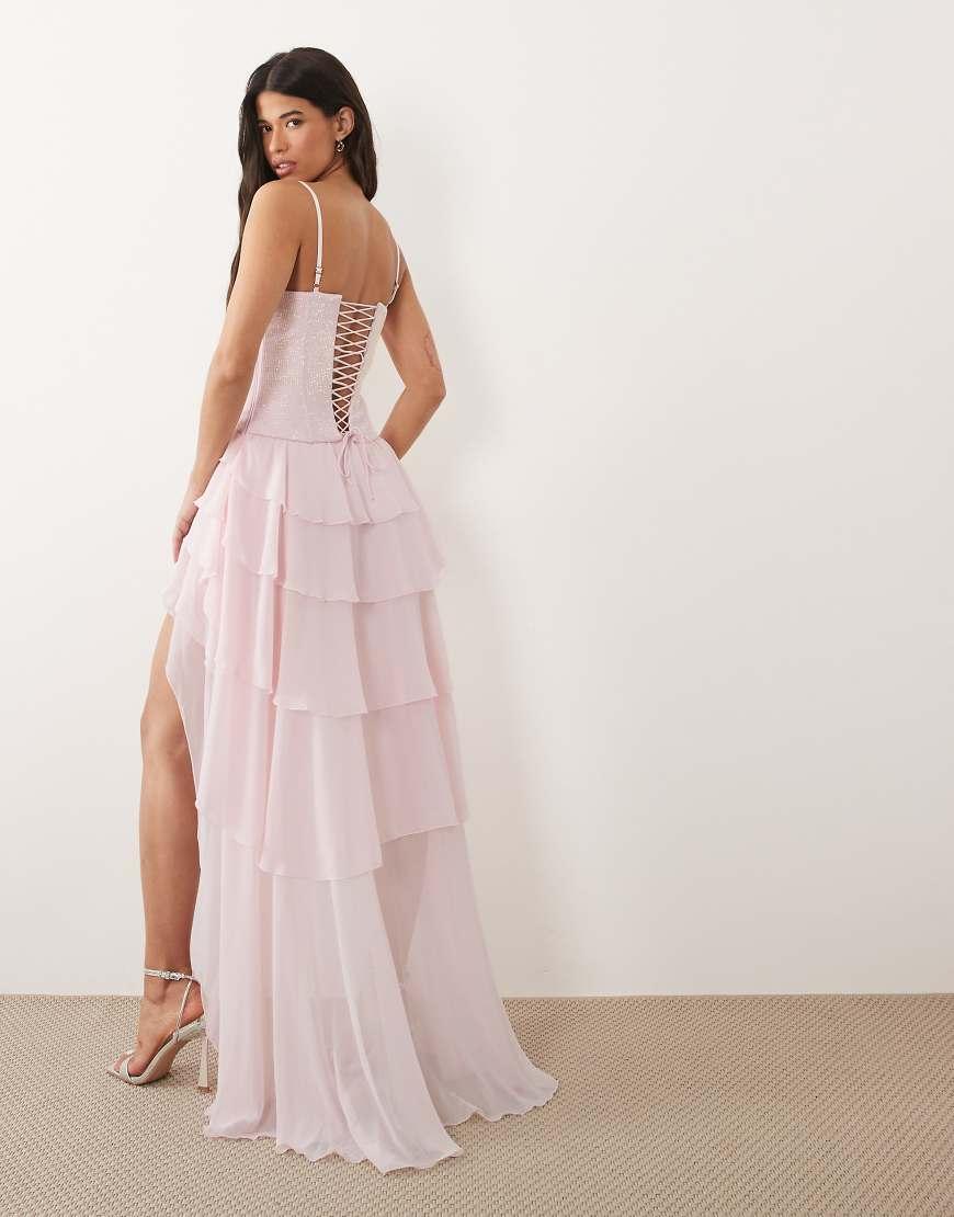 strapless open back dress Oh Polly Celestia Embellished Long Sleeve Evening Gown in Light Pink