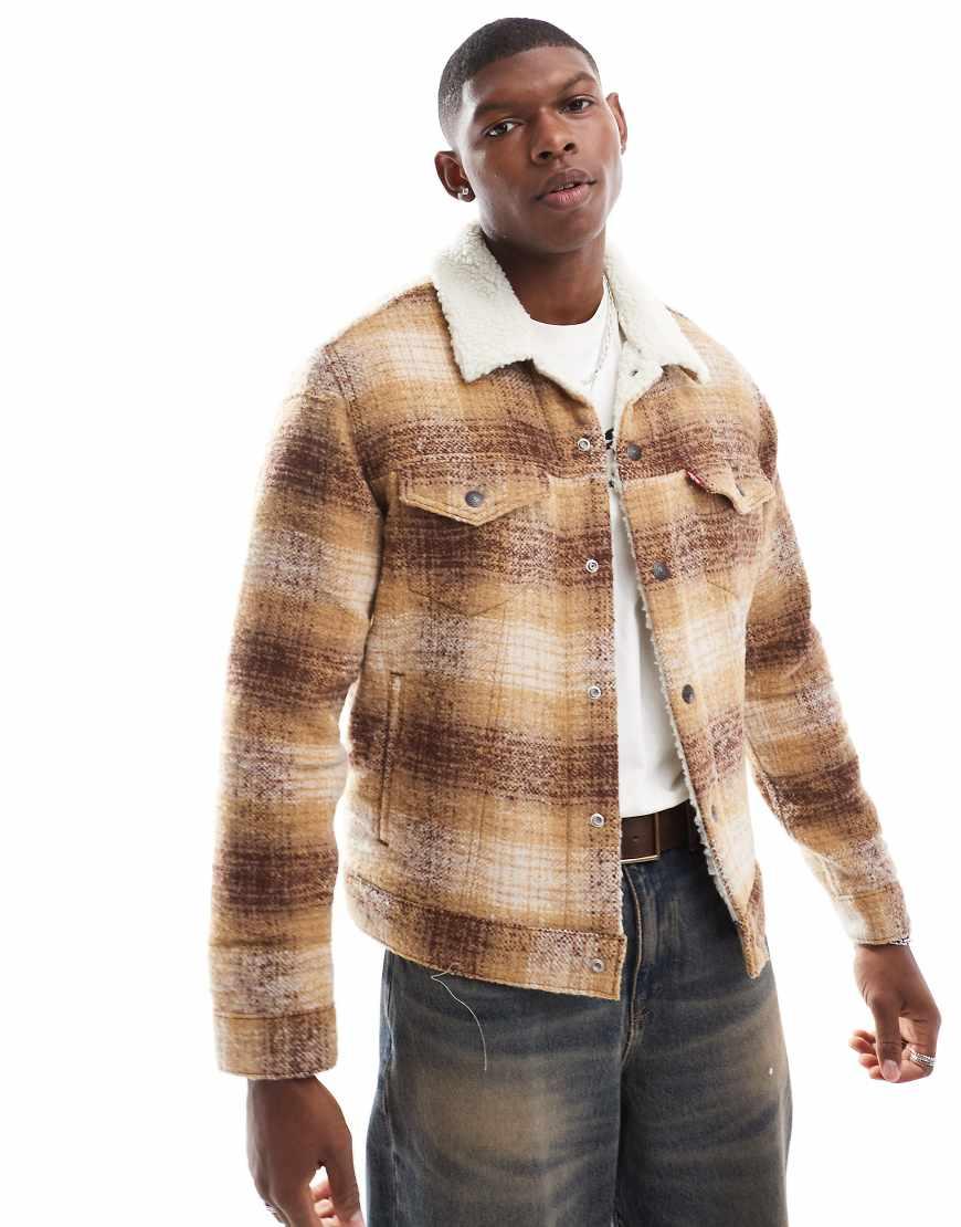 Levi's Type 3 Check Sherpa Borg Lined Trucker Jacket in Natural