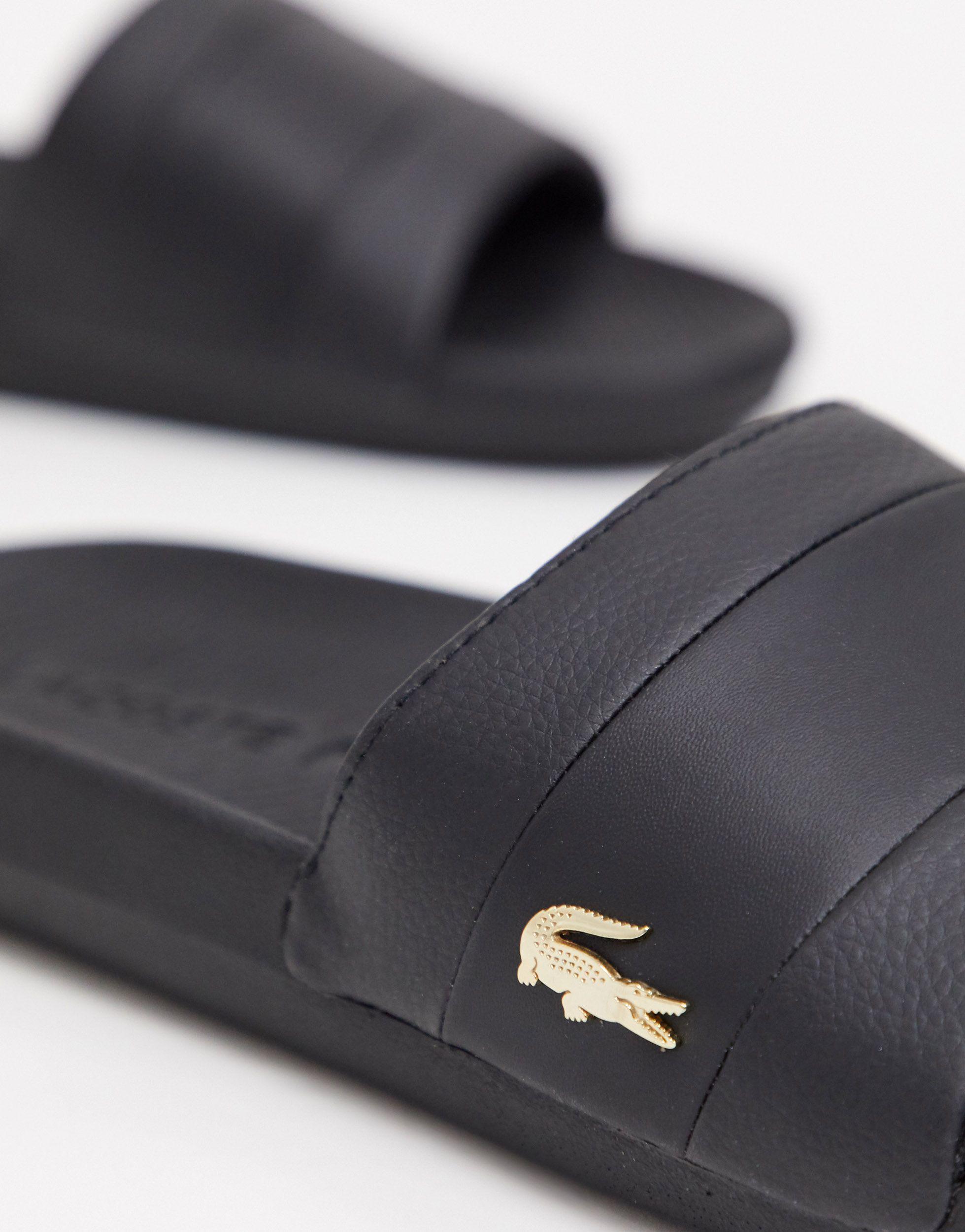 Lacoste Leather Croco Sliders in Black 