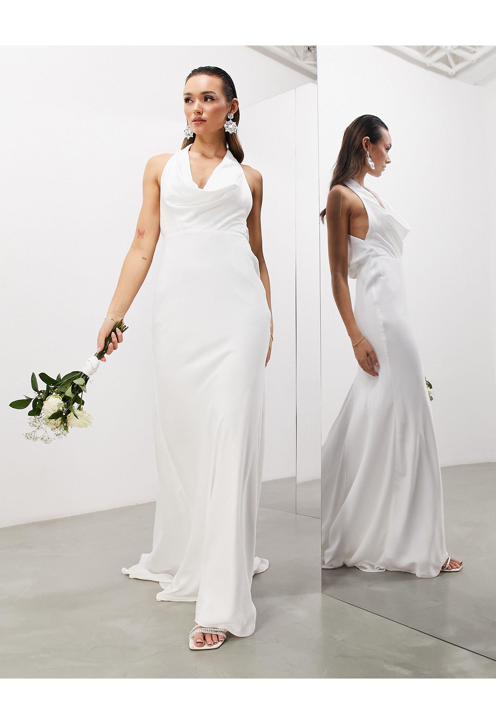 ASOS Marlowe Satin Halter Cowl Wedding Dress in Gray Lyst