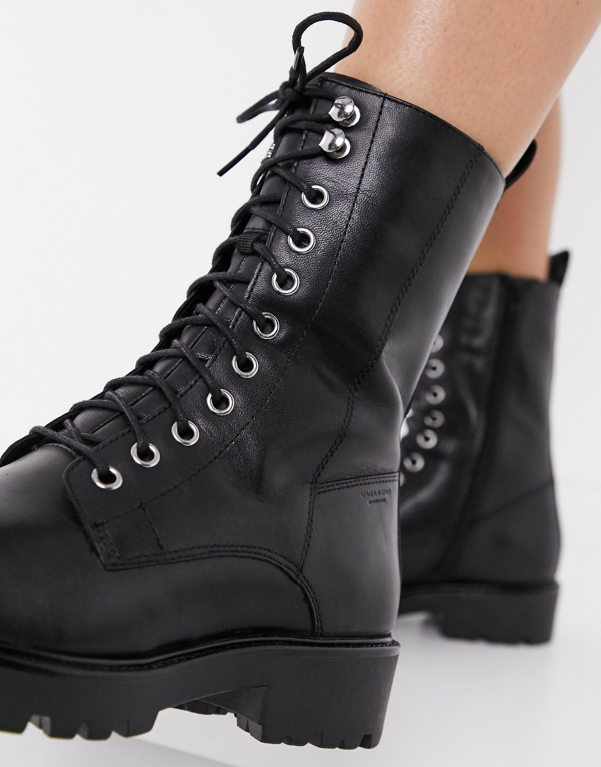 Vagabond Shoemakers Kenova Leather Lace Up Chunky Flat Ankle Boots With Warm in Black | Lyst