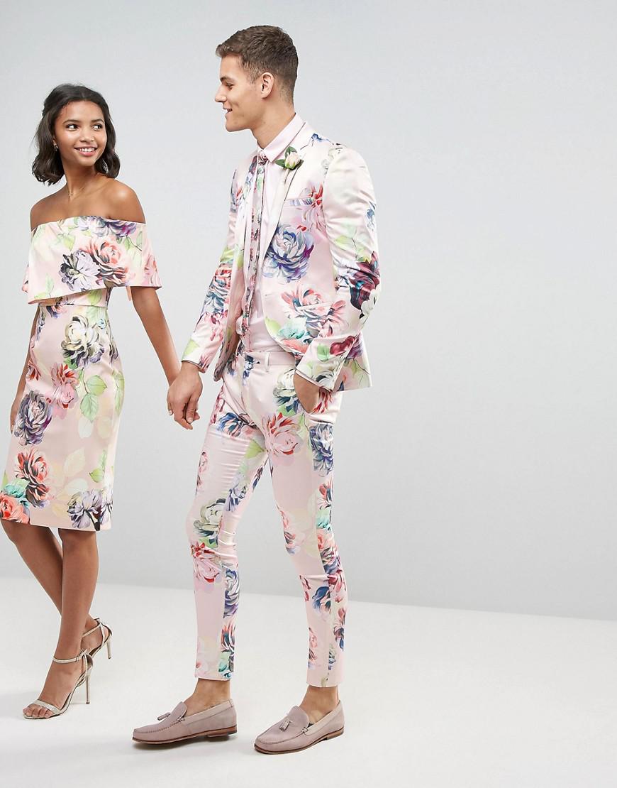 ASOS Wedding Super Skinny Suit Pants With Nude Floral Print in Pink for ...