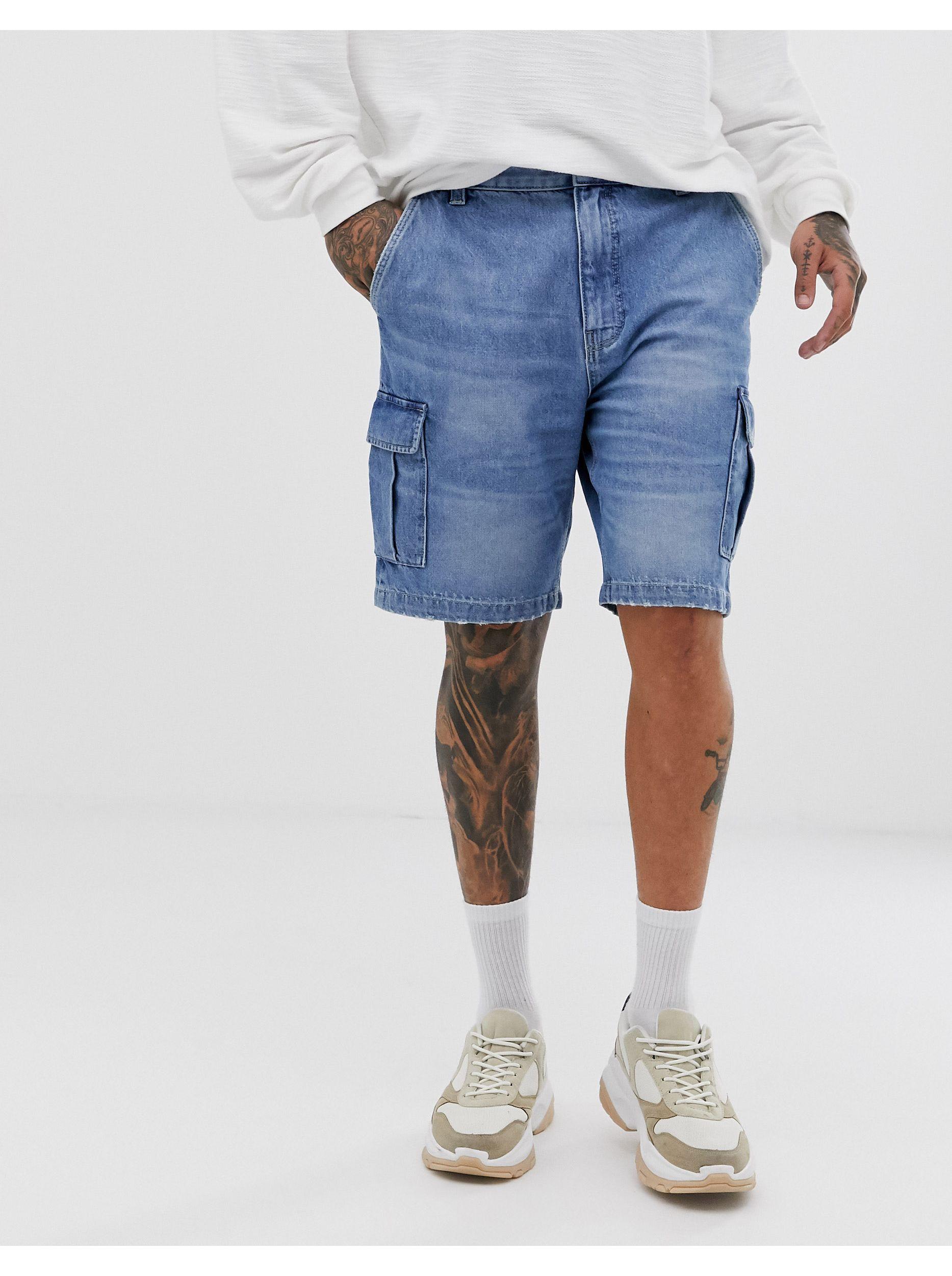 Bershka Denim Cargo Shorts in Blue for Men Lyst
