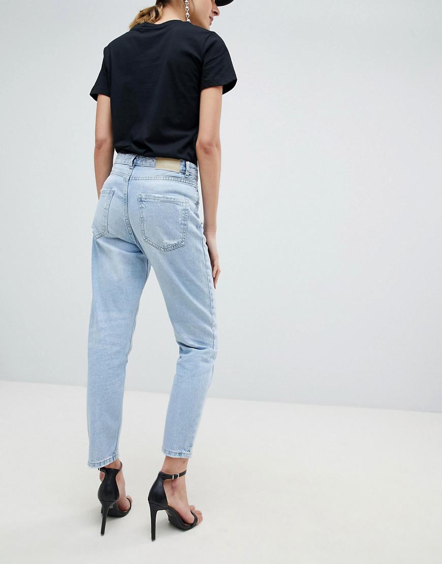 stradivarius slim mom jean with stretch in light blue wash