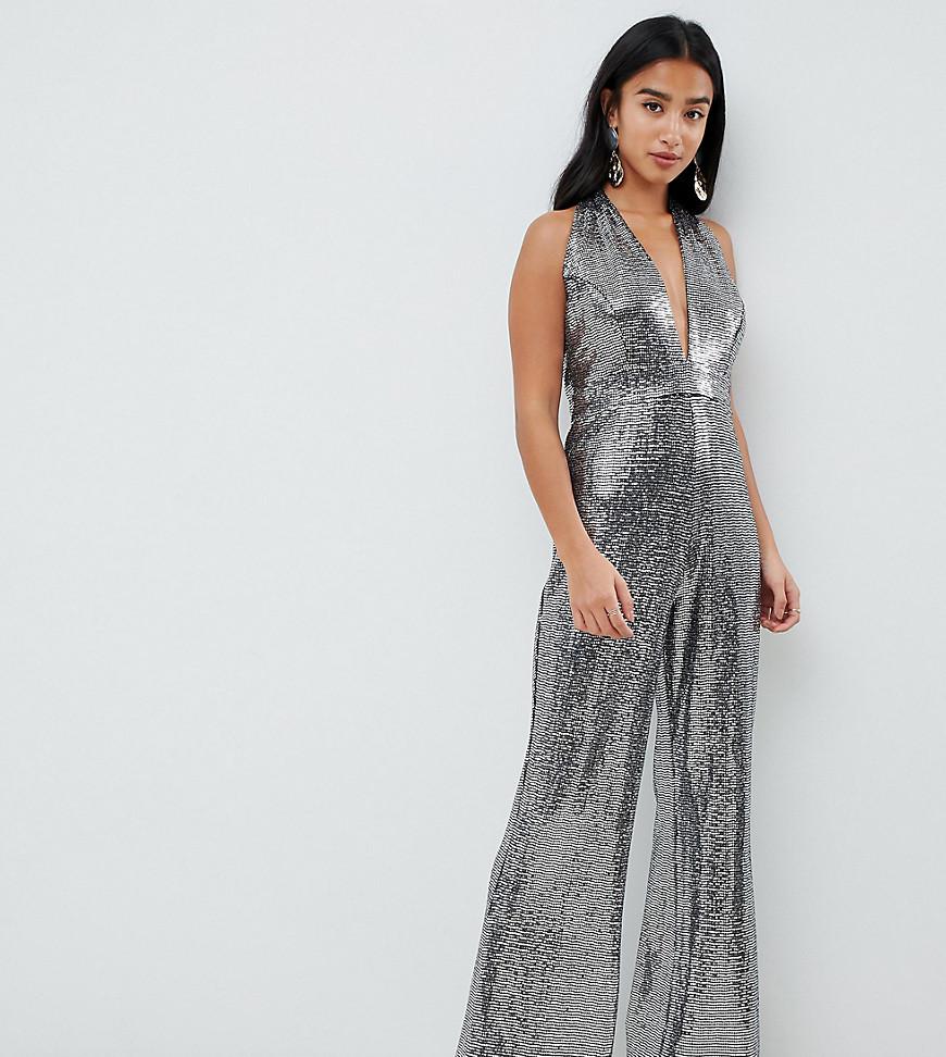 silver mirrored sequin wrap jumpsuit