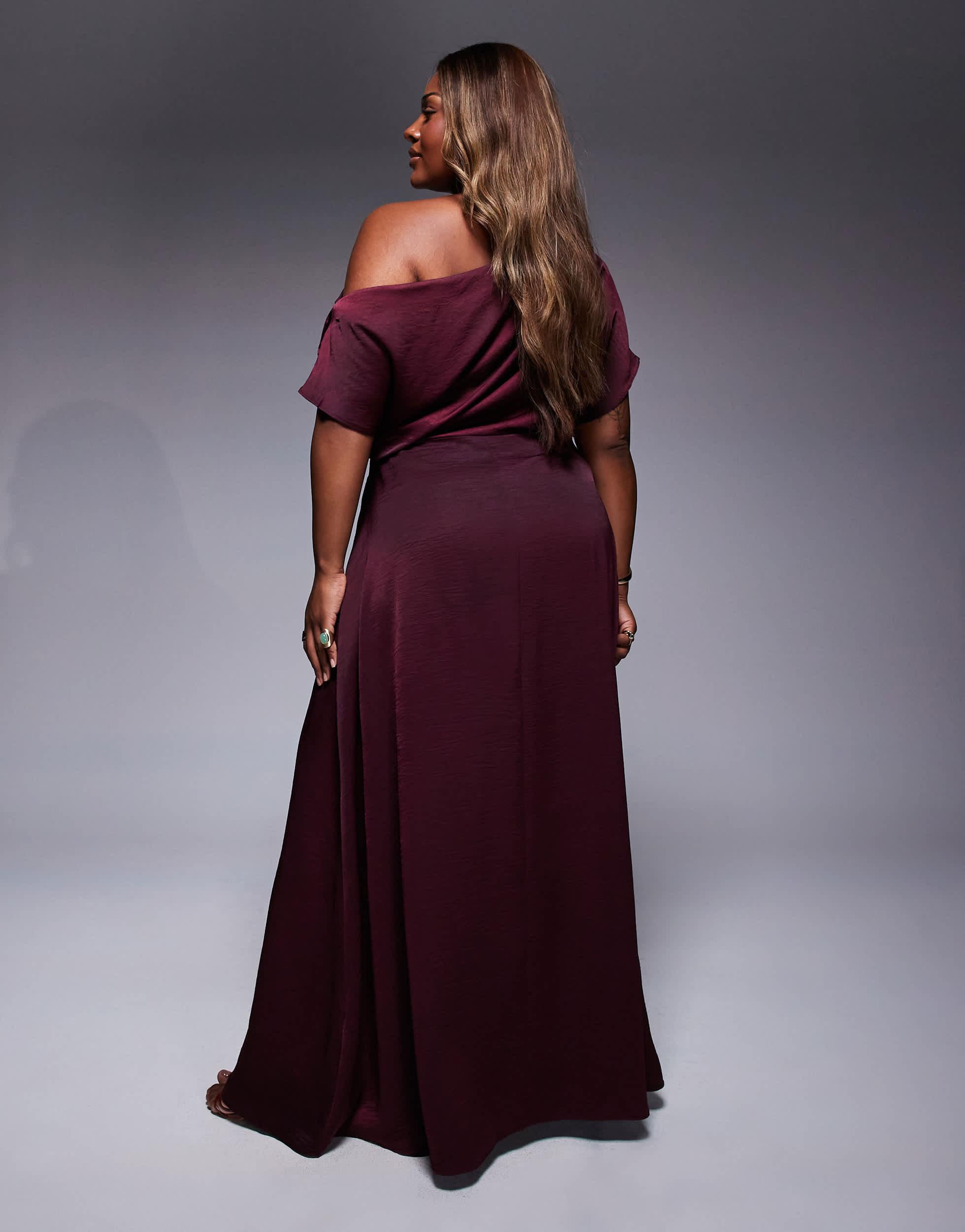 ASOS Asos Design Curve Exclusive Satin Off Shoulder High Split Maxi Dress  in Purple | Lyst
