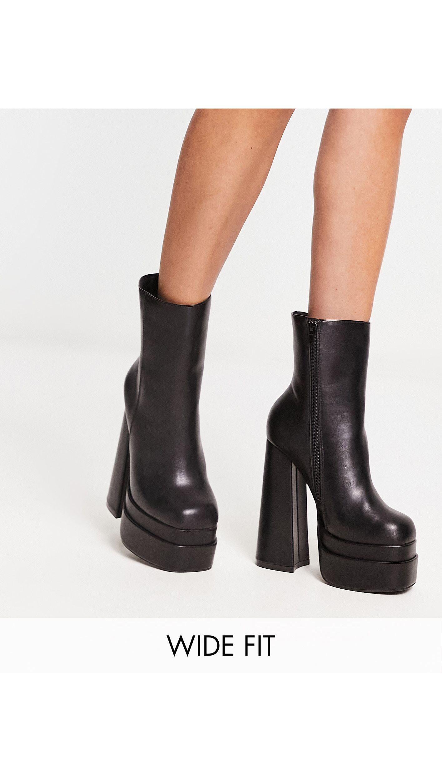 Truffle Collection Wide Fit Double Platform Heeled Ankle Boots in Black |  Lyst UK