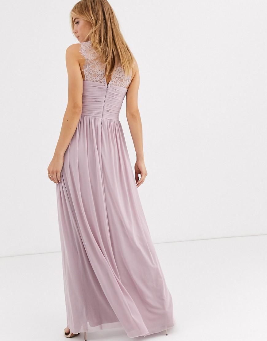 Lipsy Ruched Maxi Dress With Lace Yolk And Embellished Neck In Lavender ...