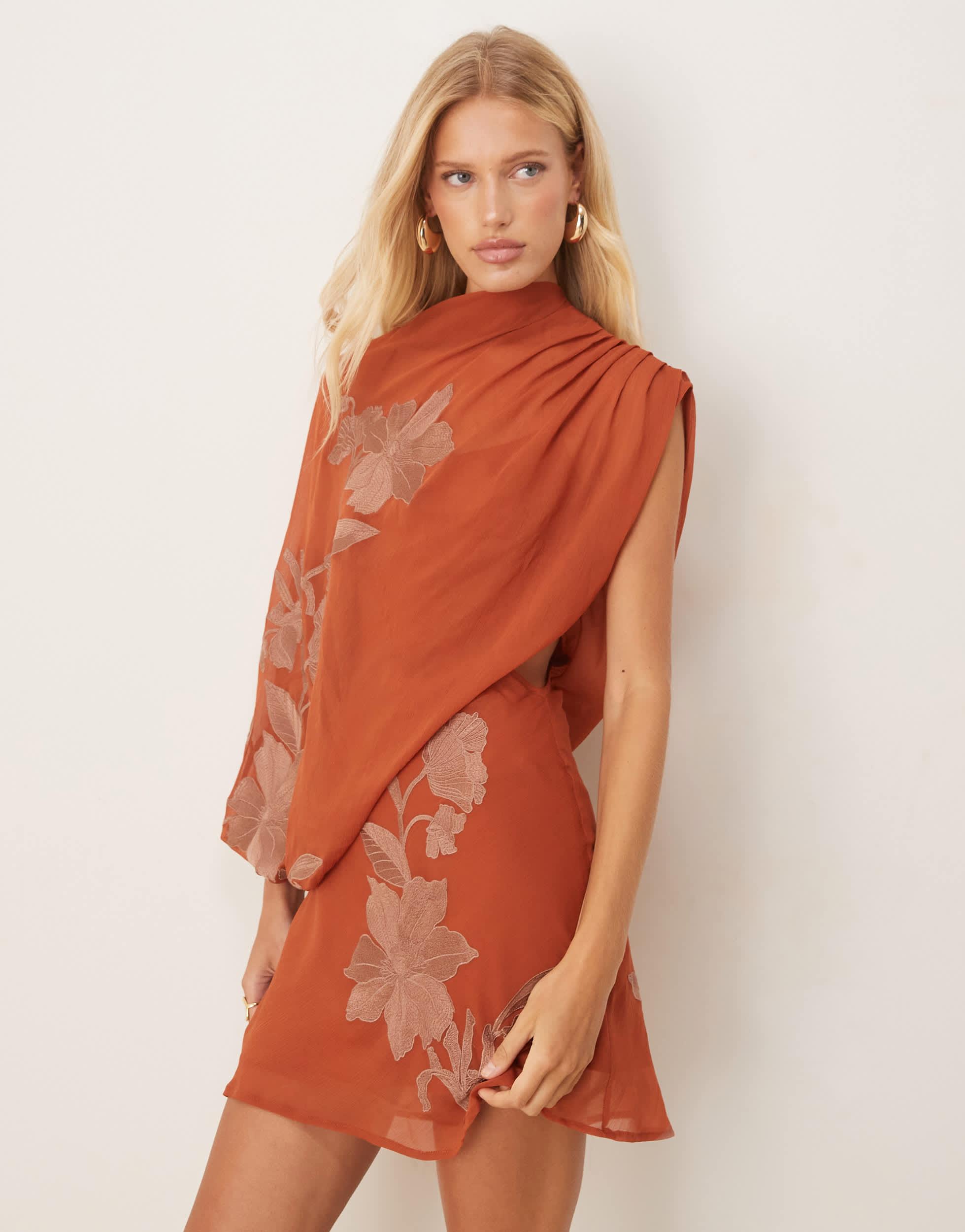 ASOS Tonal Embroidery High Neck Draped Asymmetric Mini Dress With Cut Out in Orange | Lyst Australia ASOS Tonal Embroidery High Neck Draped Asymmetric Mini Dress With Cut Out in Orange | Lyst Australia