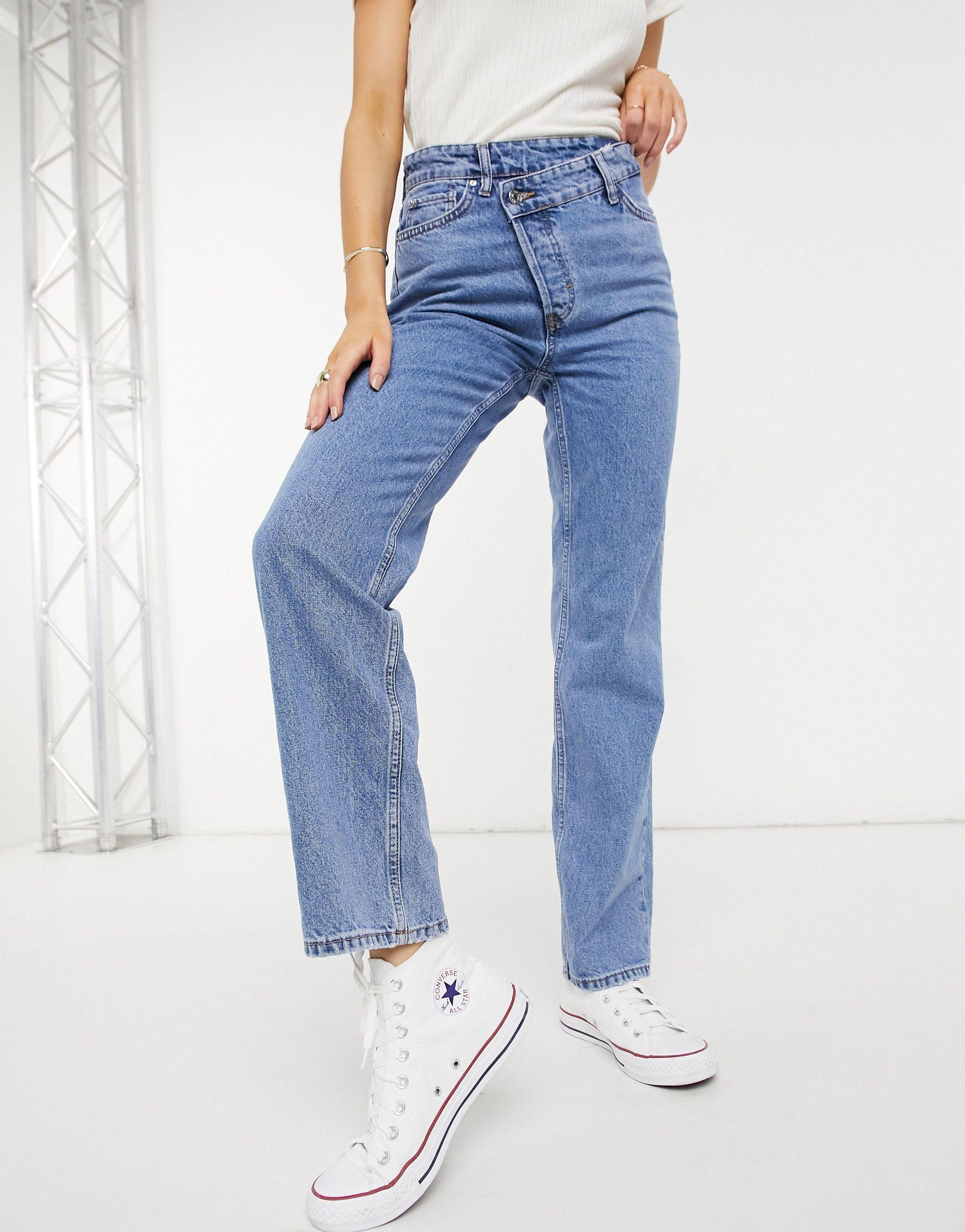 New Look Asymmetric Button Detail Straight Leg Jean in Blue | Lyst