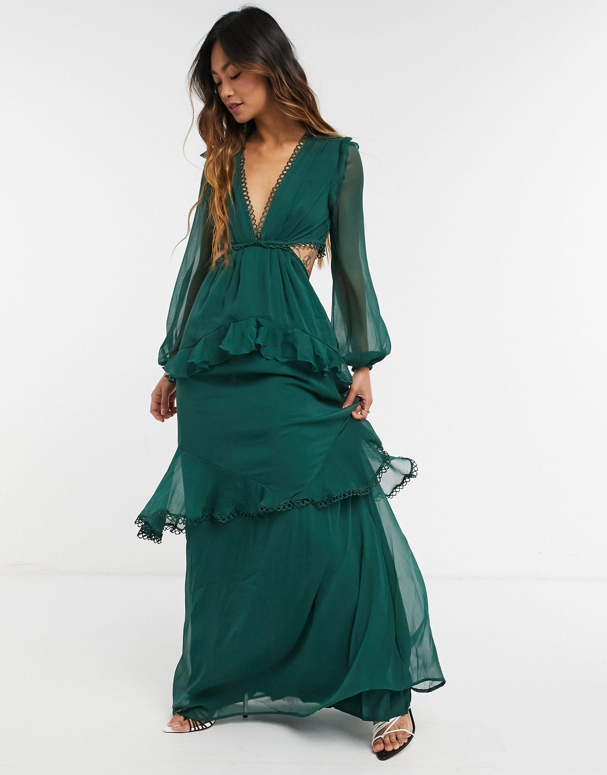 ASOS Maxi Dress With Long Sleeve And Circle Trim in Green Lyst