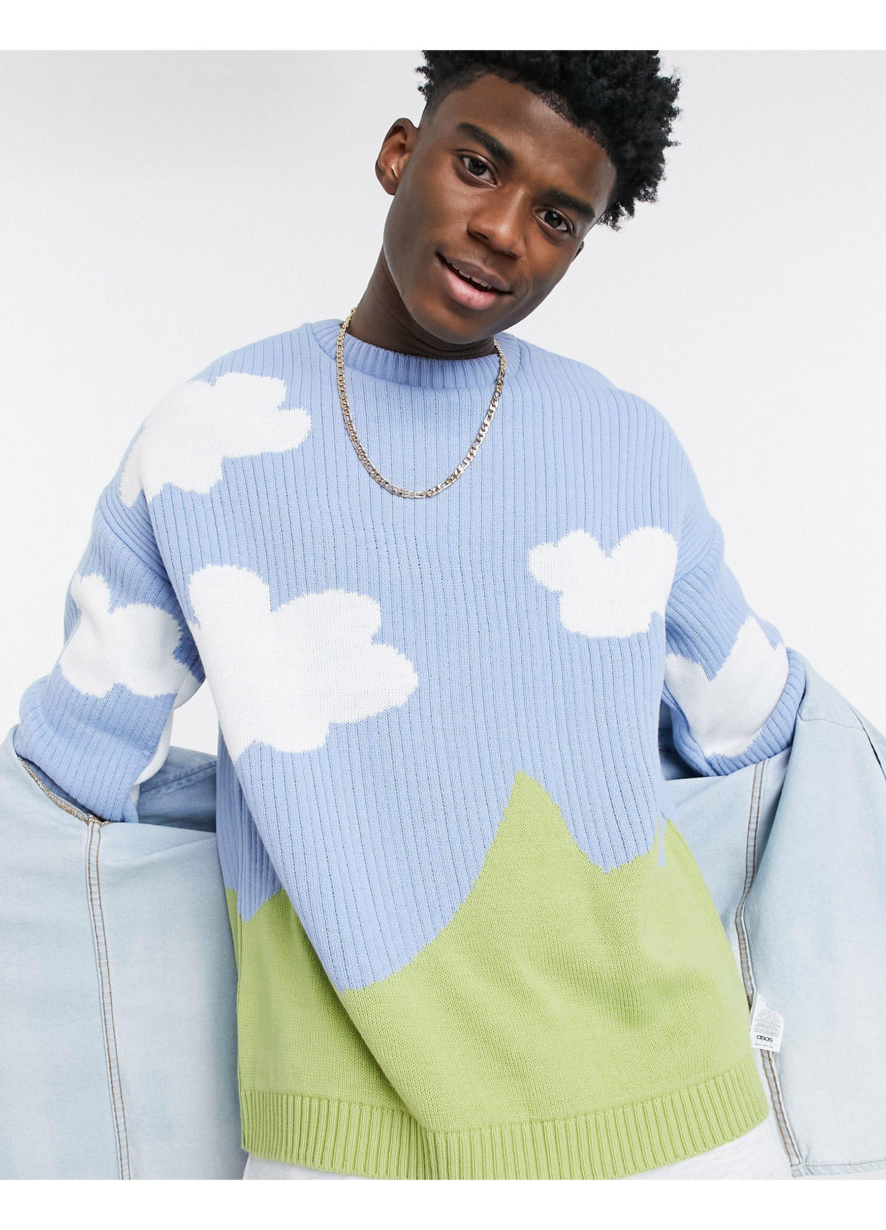 ASOS Knitted Oversized Jumper With Cloud Landscape Pattern in Blue for Men