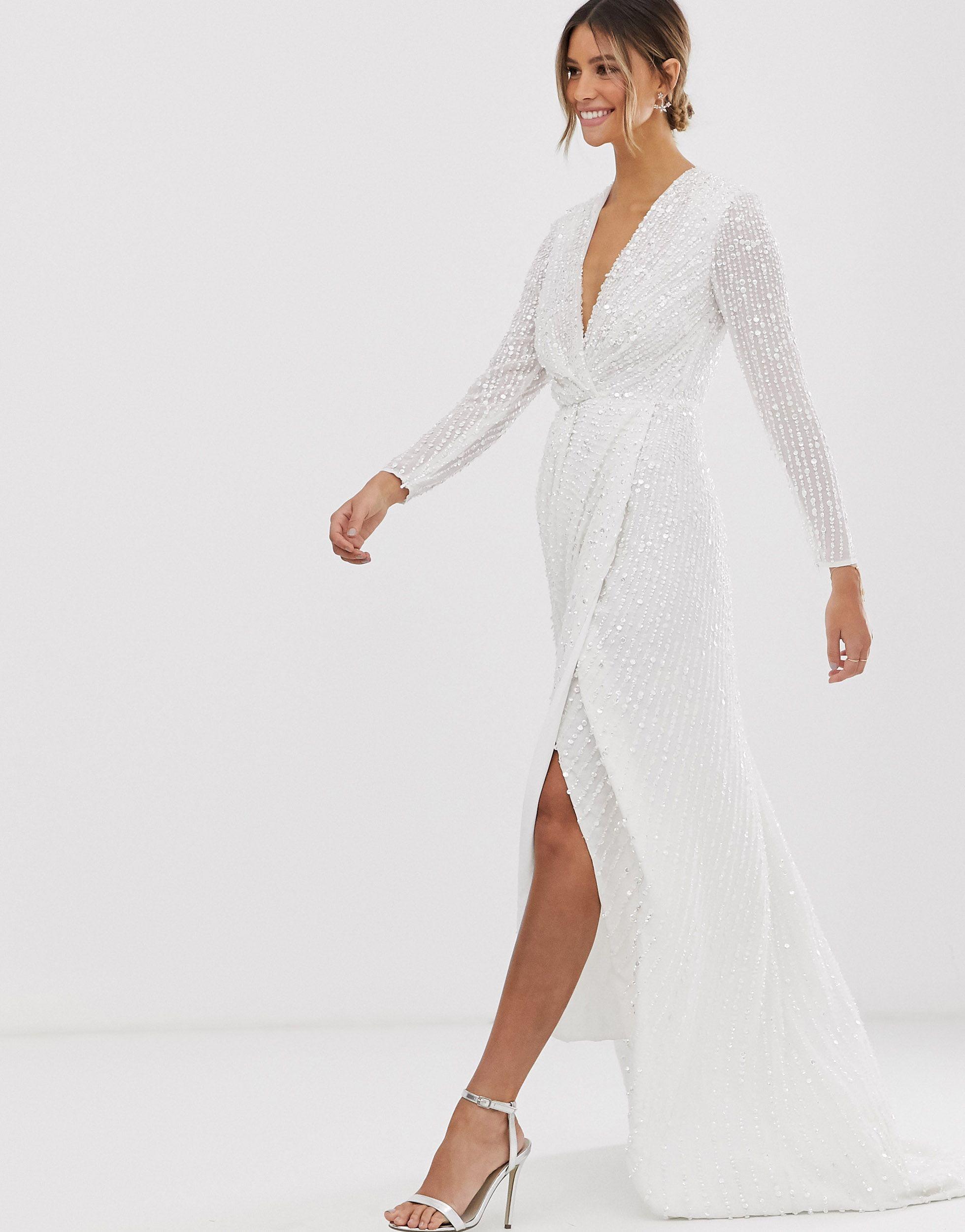 ASOS Synthetic Pleated Plunge Wrap Wedding Dress in White | Lyst UK