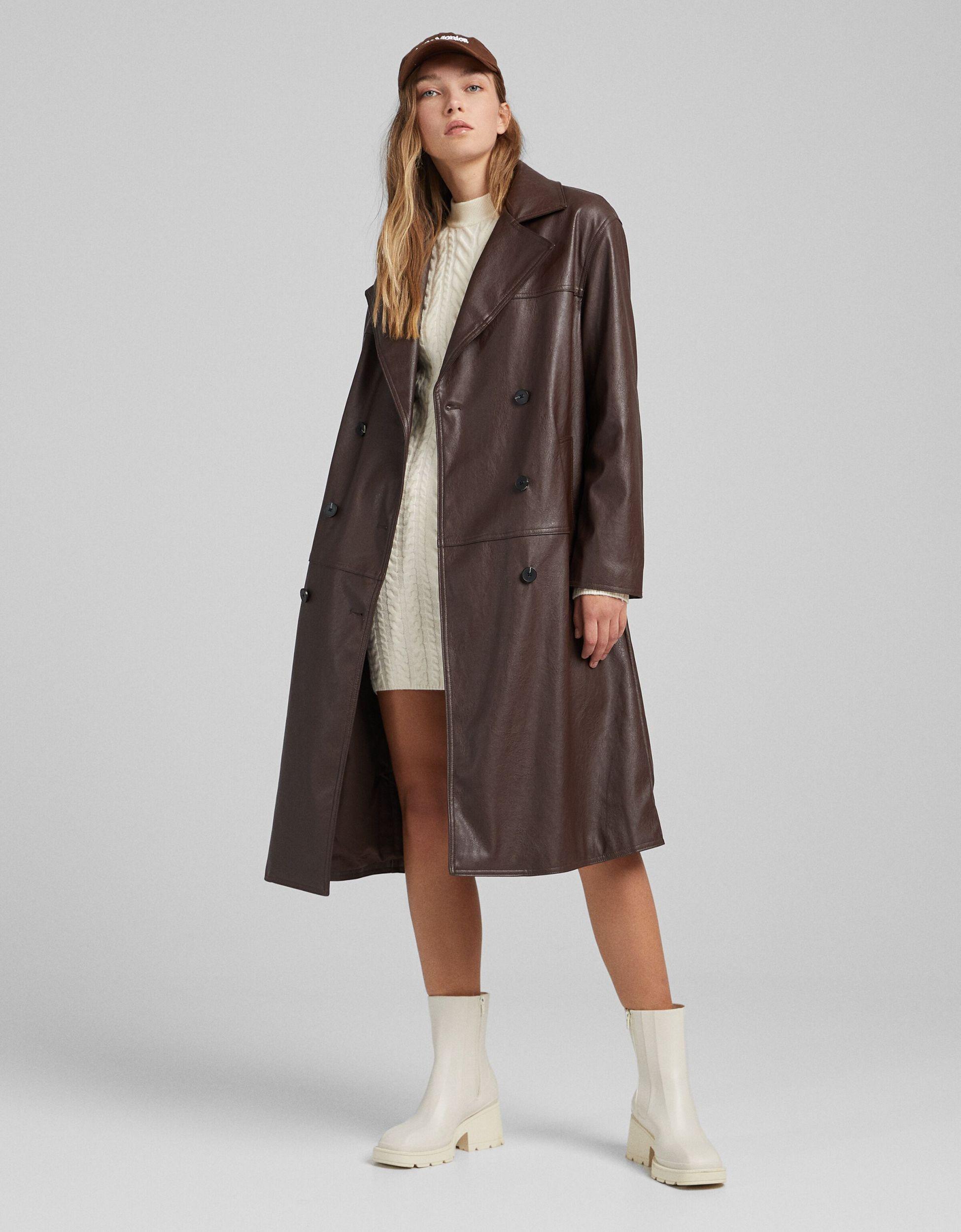 Bershka Synthetic Faux Leather Trench Coat in Brown | Lyst Canada