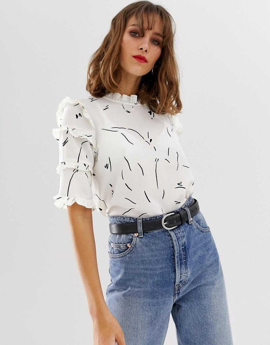 Frank Worthley afslappet Munk Vero Moda Synthetic Abstact Printed Micro Ruffle Sleeve Blouse in White -  Lyst