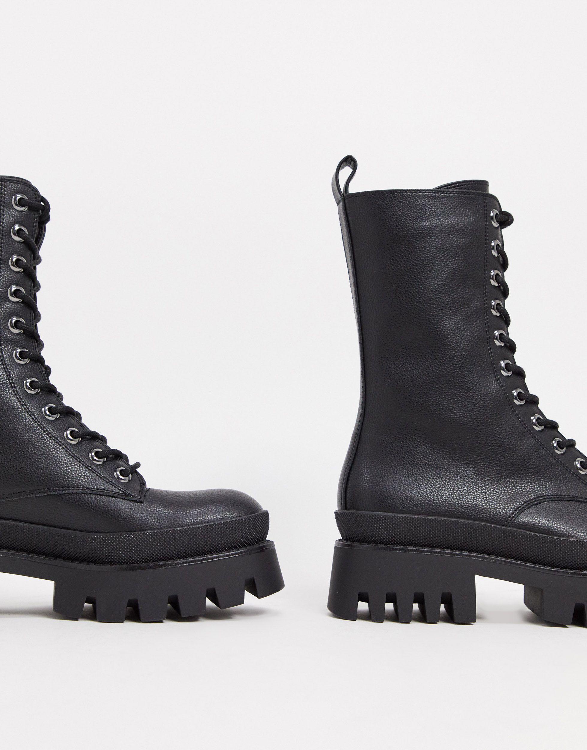 Bershka Lace Up Biker Boot With Sole Detail in Black | Lyst
