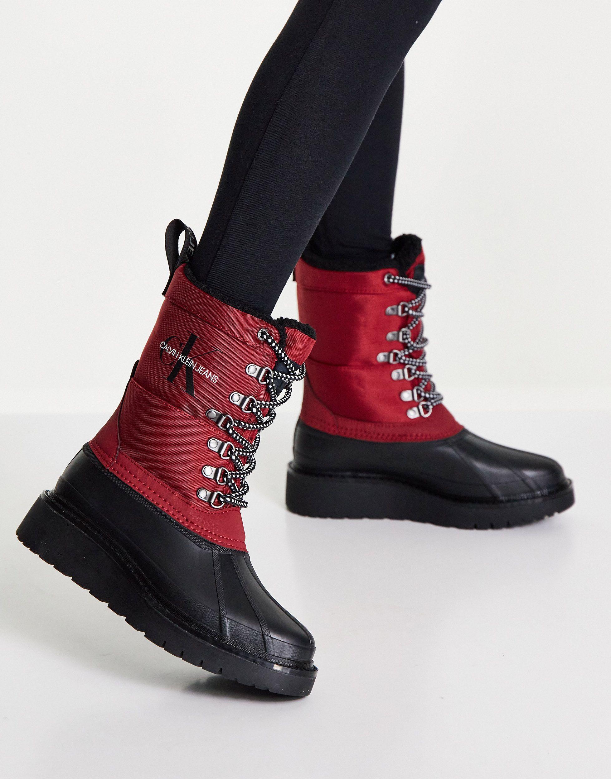 Calvin Klein Lace Up Rain Hike Boots in Red | Lyst