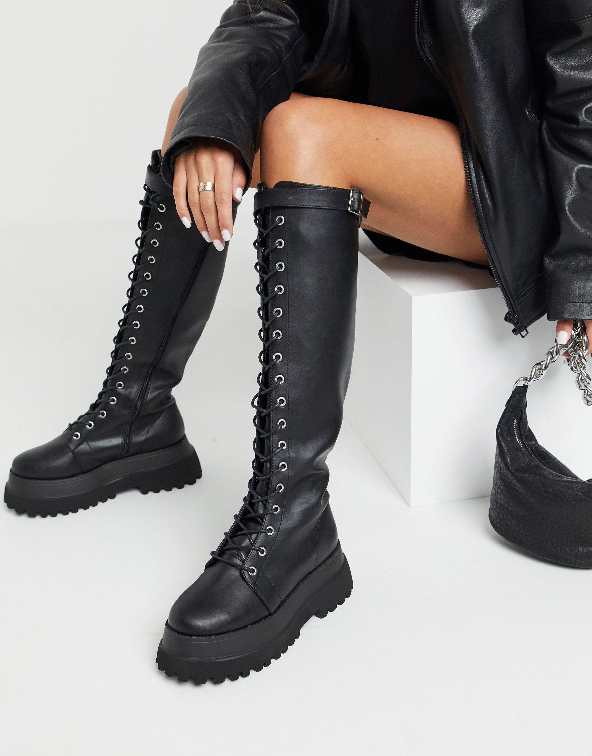 asos design camera chunky lace up knee boots in black